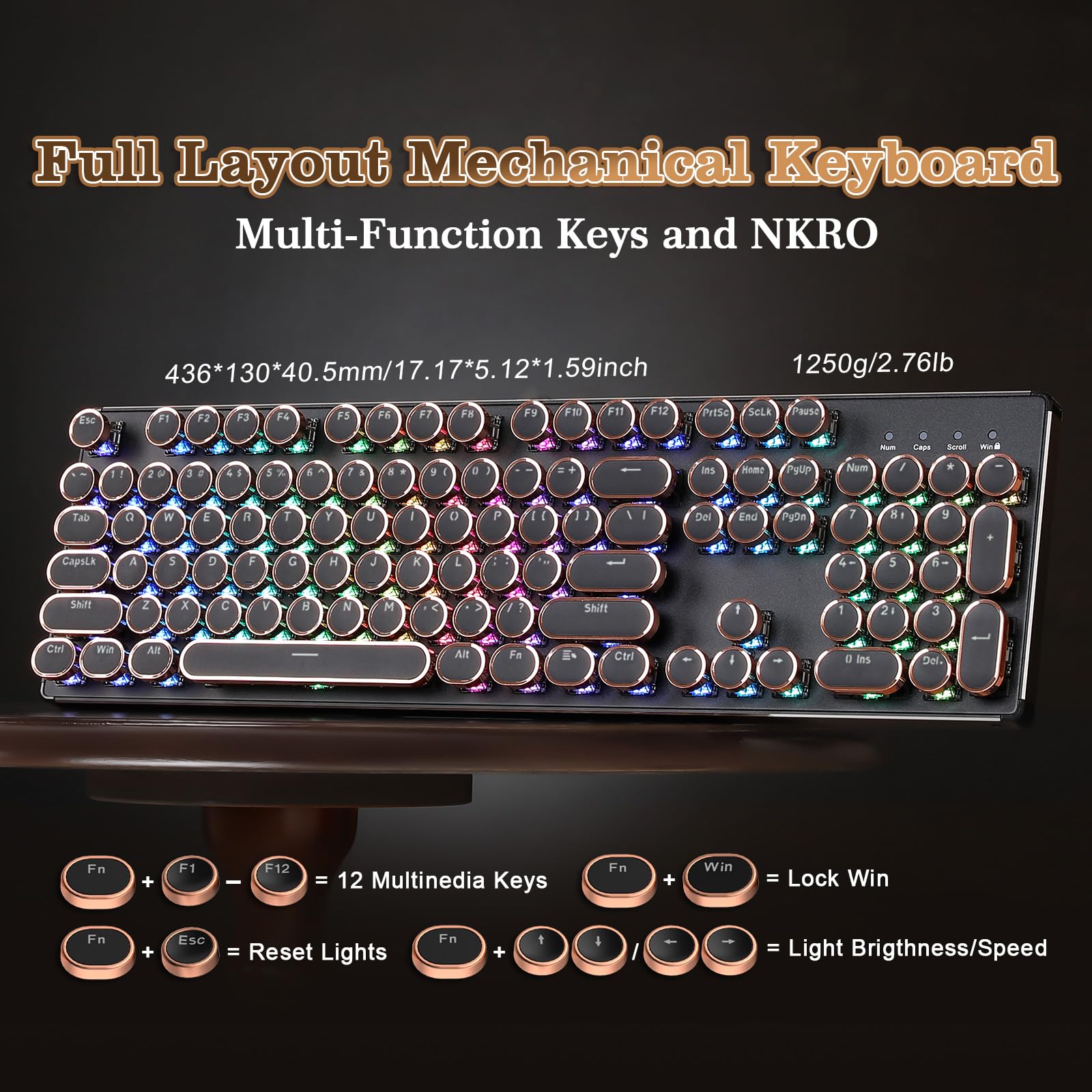 YUNZII QL108 Teclado Mecánico Gaming Estilo Máquina de Escribir, Retroiluminado RGB Hot-Swap, USB con Teclas Redondas Retro y Panel Metálico Teclados PC (Negro, Onyx Tactile Switch)