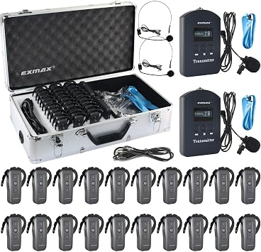 EXMAX EXD-6688 2.4GHZ Wireless Tour Guide System Allow Two Presenters/Interpreters Speaking Simultaneously for Conference Church Translation2 Transmitters & 20 Receivers with 32-slot Charging Case