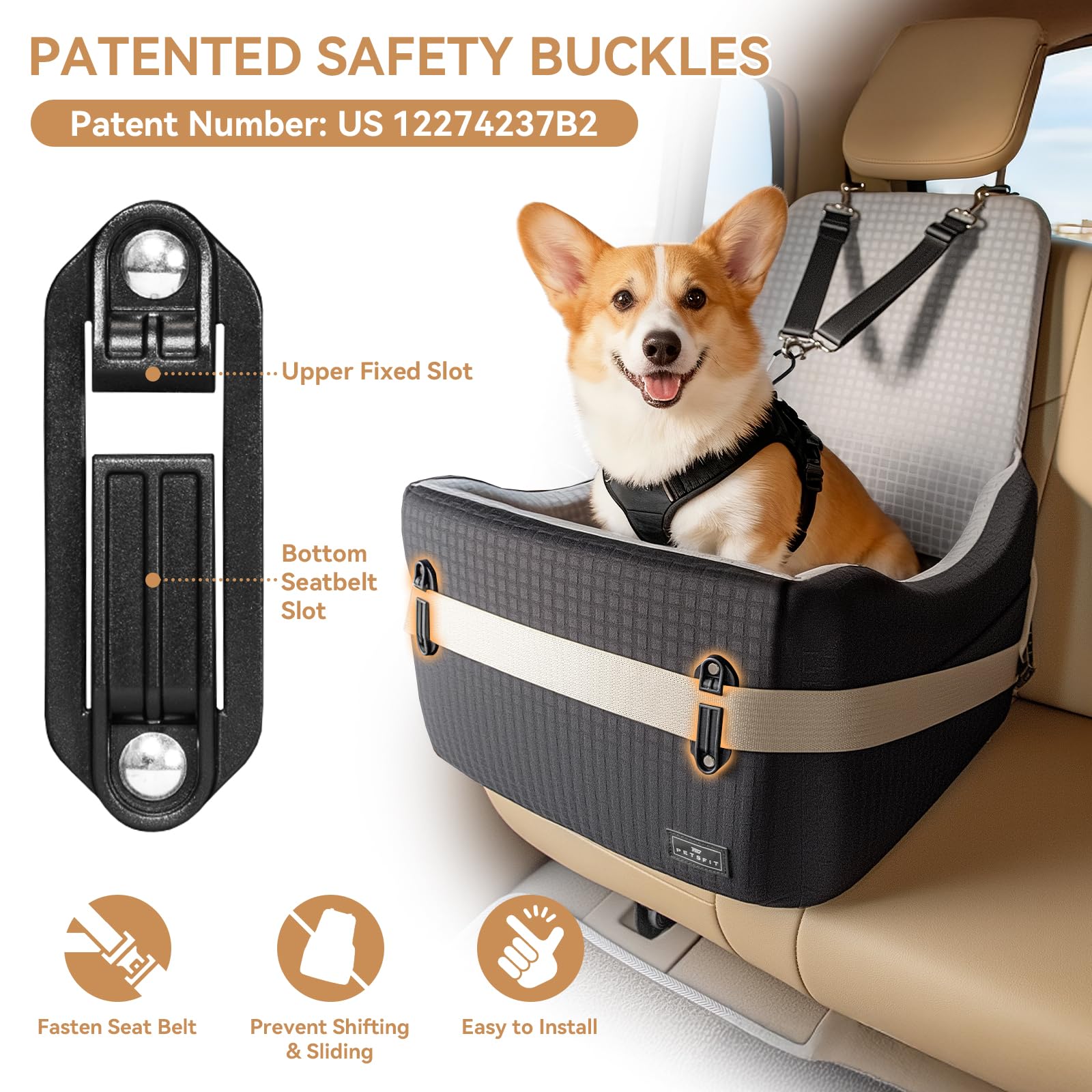 PETSFIT Dog Car Seat for Small/Medium Dogs Up to 35 lbs – Patented Safety System, 6" Memory Foam Pet Booster Car Seat, Fully Detachable and Washable Dog Carseat with 2 Storage Pockets (Black & Grey) - image 2