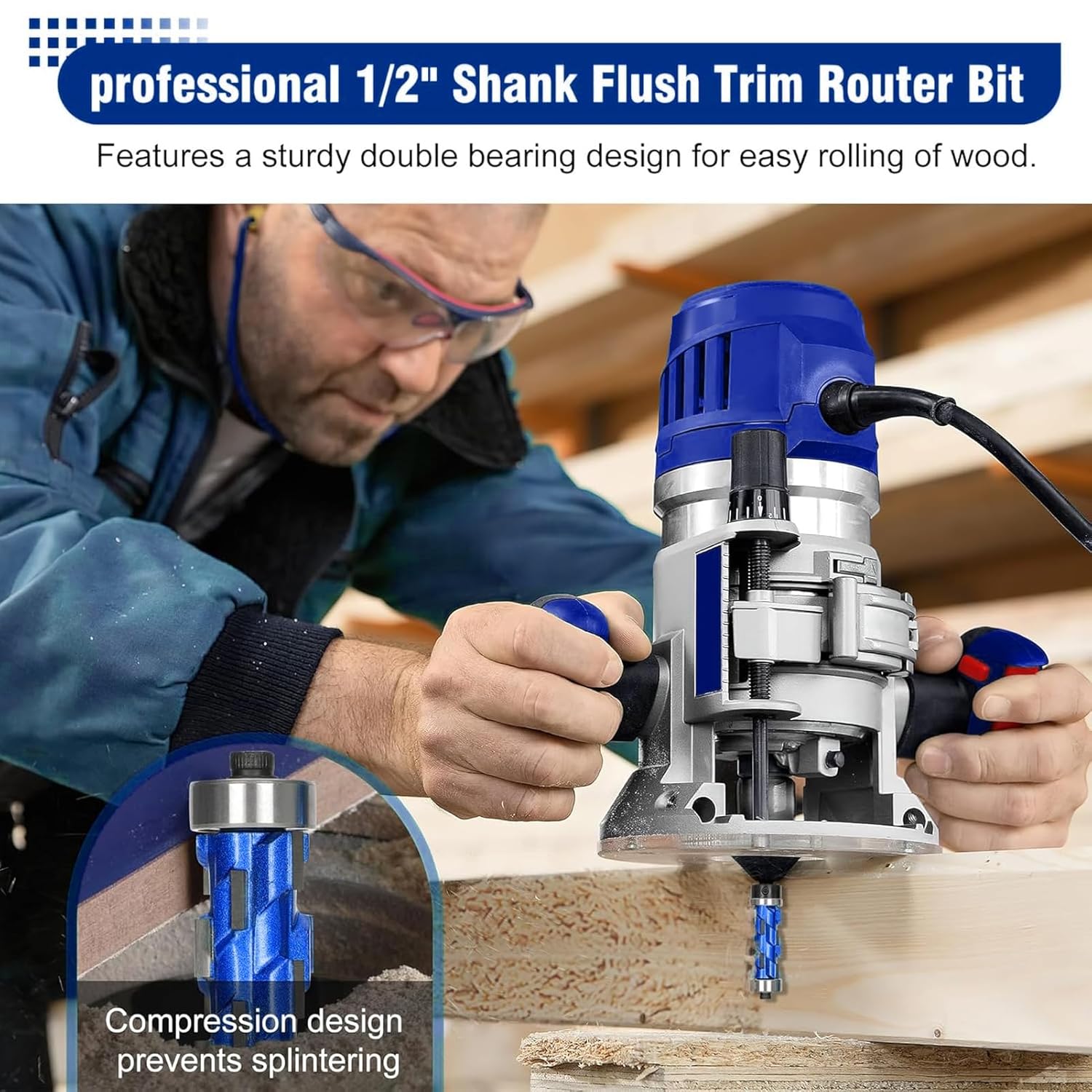 Spiral Flush Trim Router Bit, 1/2in Shank Solid Carbide Flush Trim Spiral Router Bit with Double Bearing, Compact Flush Trim Spiral Router Bit for Various Woodworking Applications