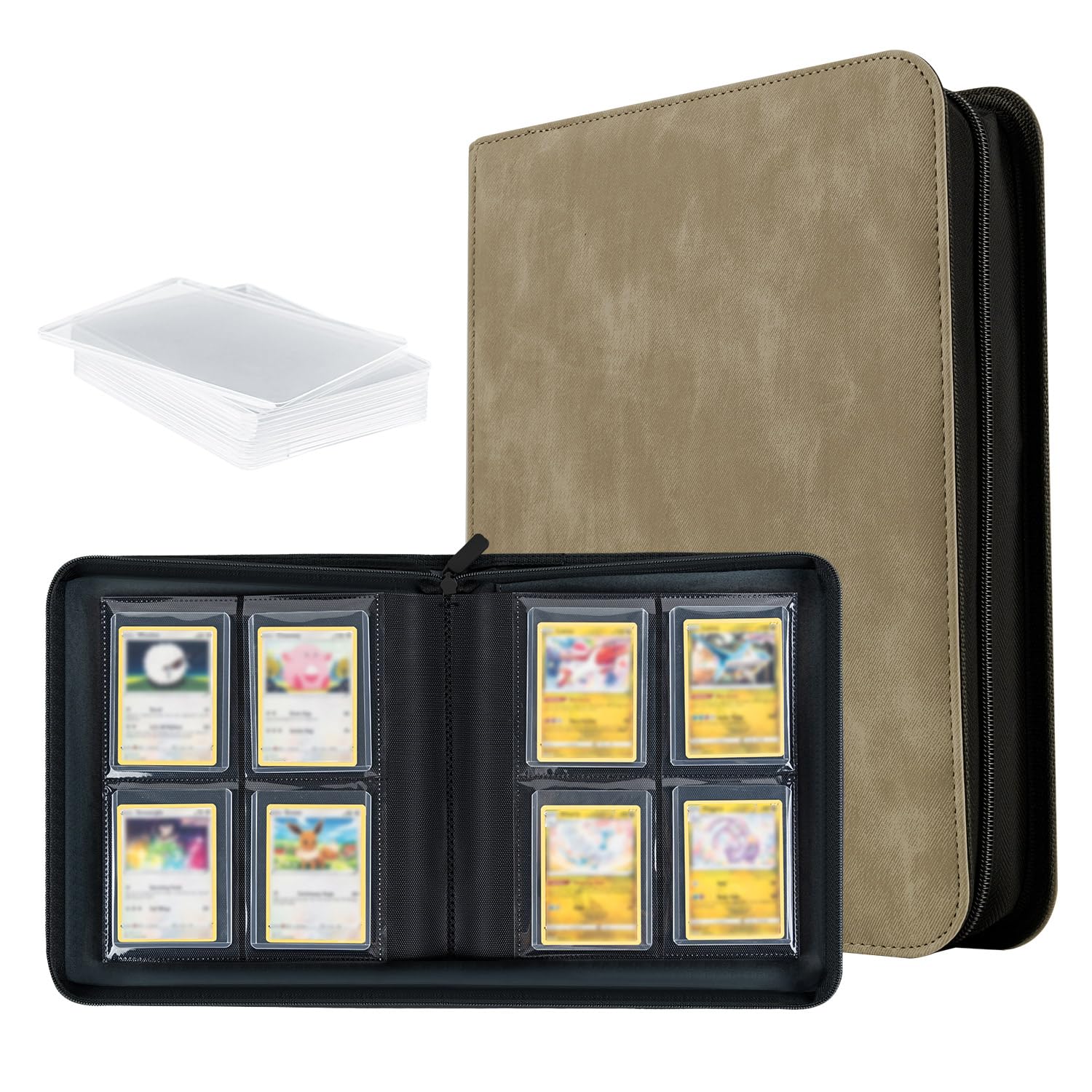 Tolesum Organizzatore Decorativo e Contenitore Carte Toploader, Album 112 Scomparti per Collezionismo e Arredamento Casa, Libro Porta Carte per TCG, Magic, YuGiOh, MTG (Include 10 Toploader) - Cachi