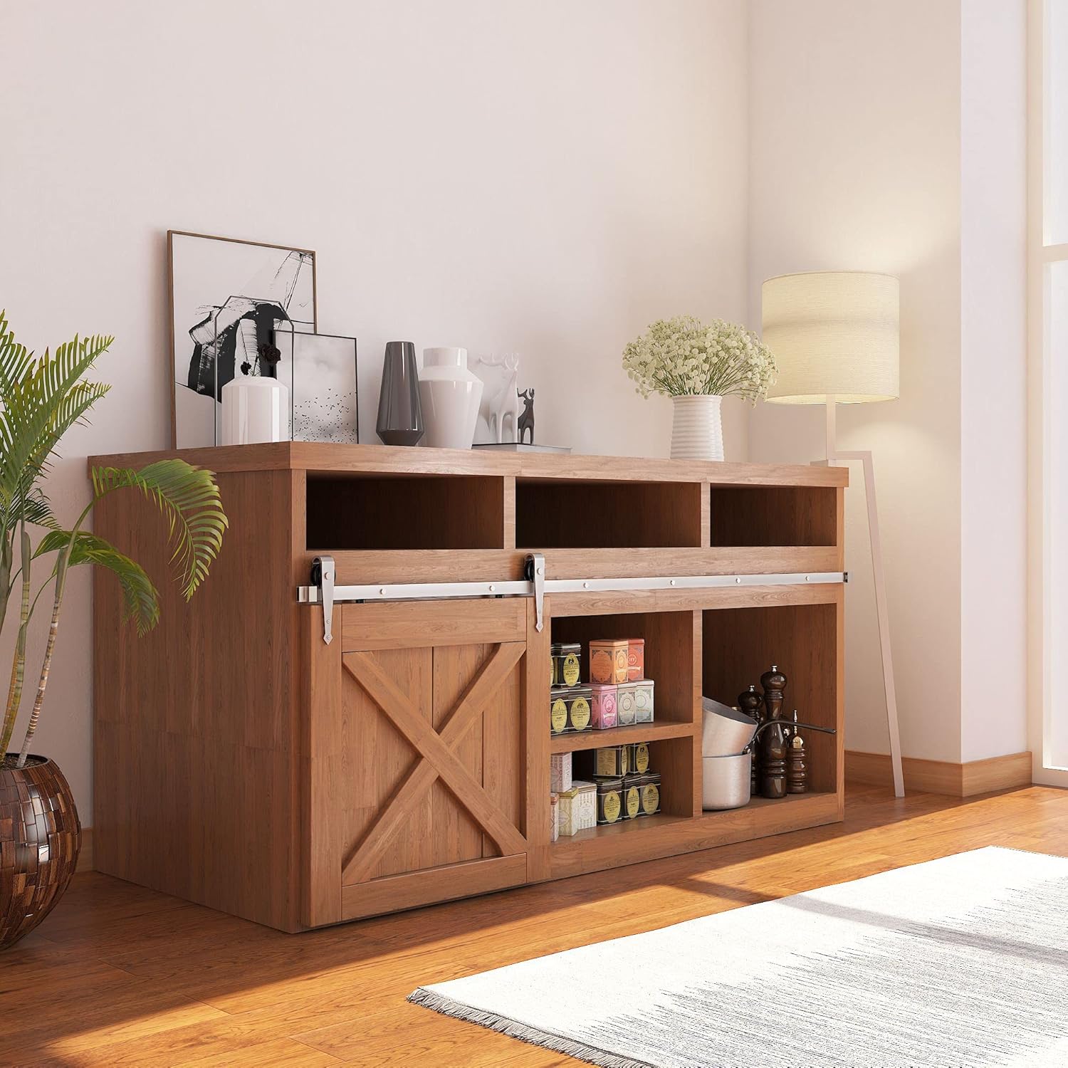 Homacer Mini Brushed Nickel Non-Bypass Sliding Barn Door Hardware Kit, for One/Single Door, 66-inch Long Flat Track, Arrow Design Roller, Cabinet TV Stand Console Use…