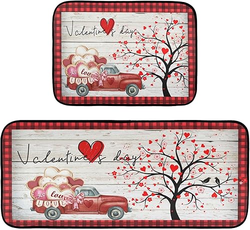 Miniatura 1 de Juego de 2 alfombras de cocina y tapetes retro de madera roja con diseño de árbol de corazón, diseño de búfalo rojo antifatiga, antideslizantes,