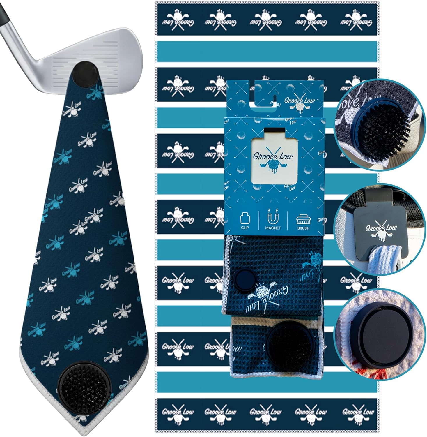Golf Towel with Magnet, Metal Clip and Brush - 40" L x 16.9" W, Extra Large Microfiber Magnetic Towel for Golf Bags, Brush to Keep Your Gear Clean, Aqua/Navy