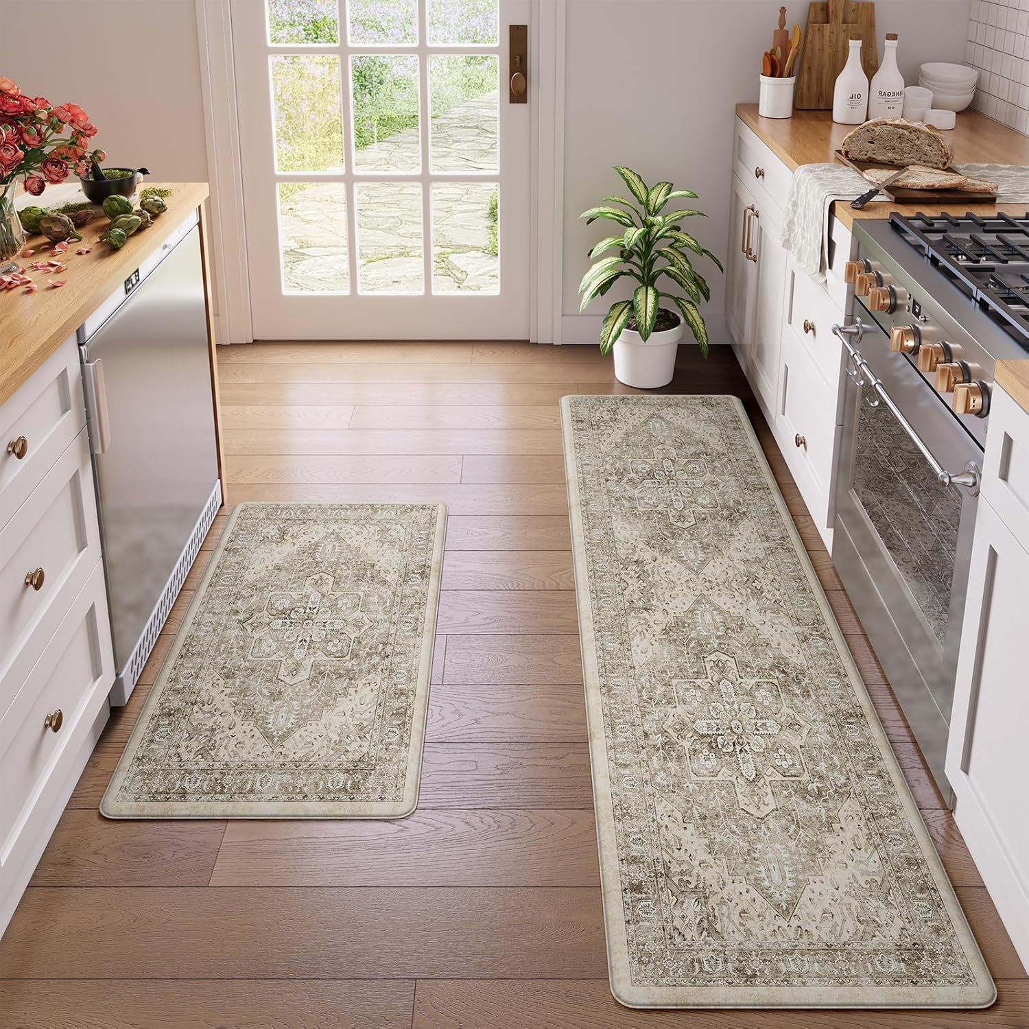 KIMODE Anti Fatigue Kitchen Mats 20"x71"+20"x32", Boho Distressed Kitchen Rugs Sets of 2, Non Slip Waterproof Kitchen Floor Mats, Memory Foam Kitchen Mat for Sink Laundry Desk Bedroom Khaki 20" x 71"+20" x 32"--0.47 inches Khaki/Multi