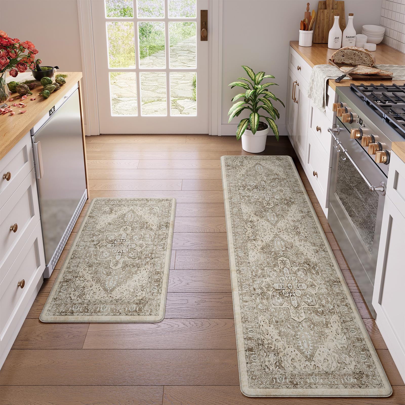 KIMODE Anti Fatigue Kitchen Mats 20"x71"+20"x32", Boho Distressed Kitchen Rugs Sets of 2, Non Slip Waterproof Kitchen Floor Mats, Memory Foam Kitchen