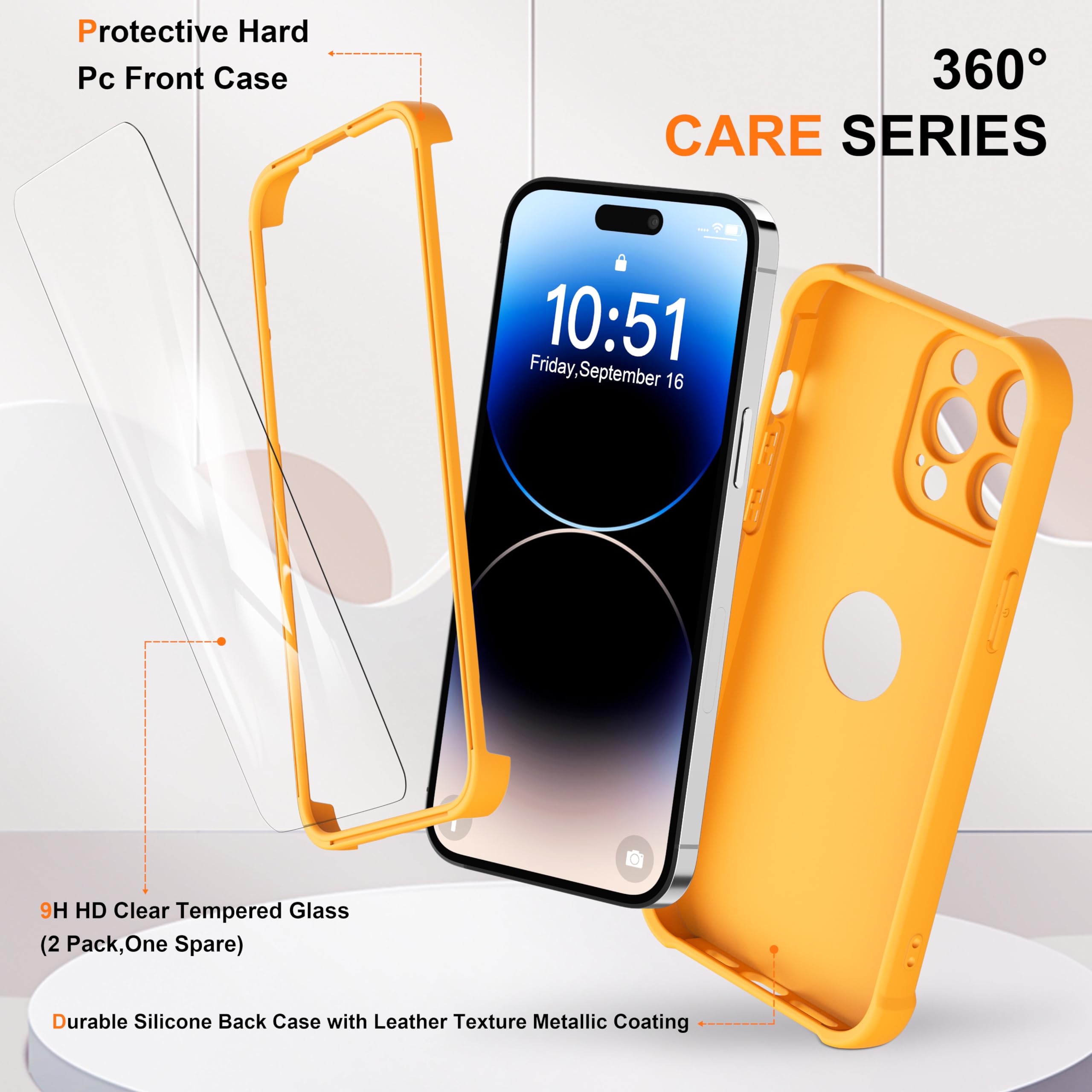 ORETECH Compatibile con Cover iPhone 14 Pro Max,Custodia iPhone 14 Pro Max con [ 2 x Pellicola Protettiva Vetro Temperato] 2 in 1 Ultra Sottile Antiurto Hard PC Silicone Anti Graffio Cover - Giallo - Vista 4