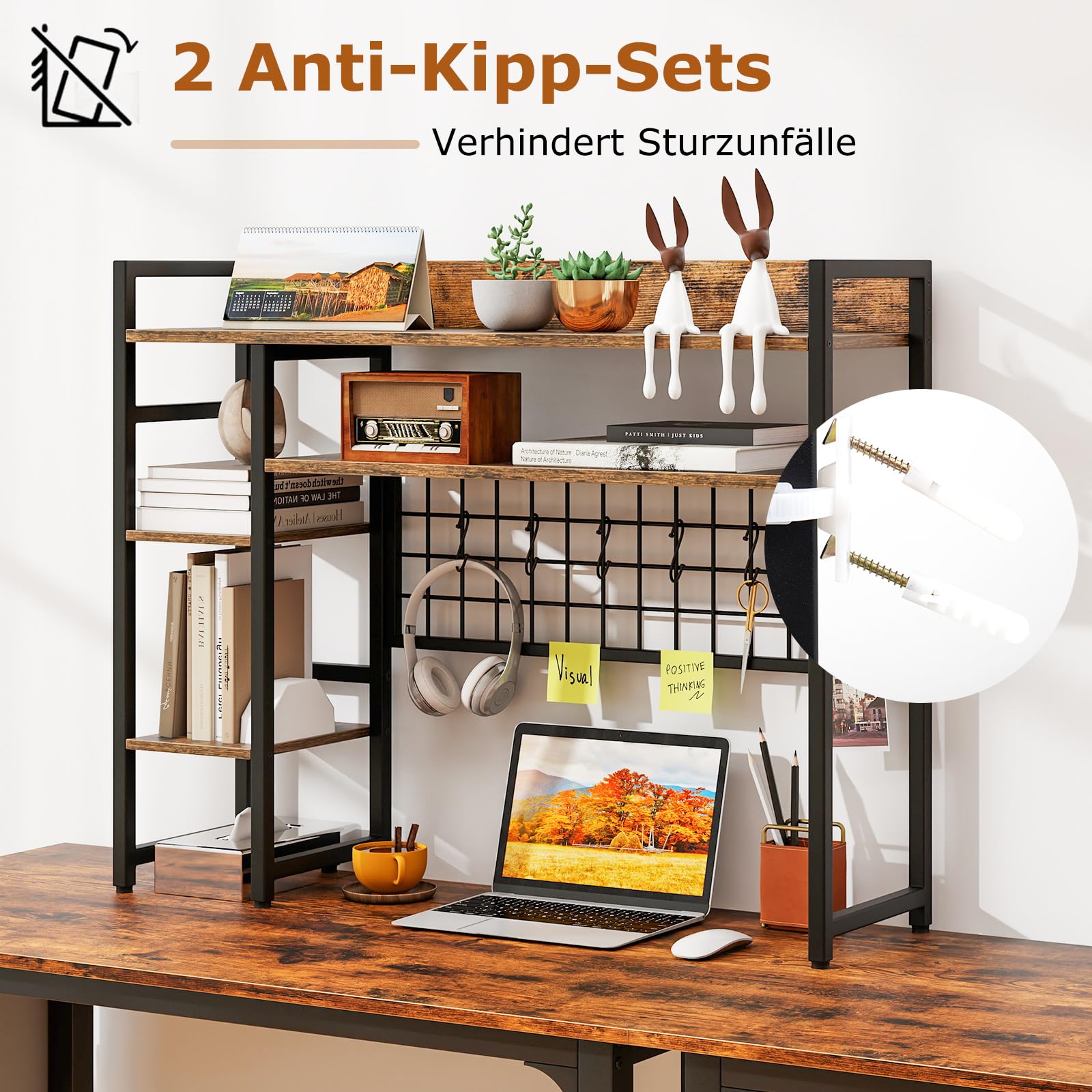 COSTWAY Regal do biurka, regał stołowy z 4 półkami i 6 haczykami, regał biurkowy na monitory, regał na książki na blat, organizer do przechowywania 94 x 25 x 74 cm (Brązowy)
