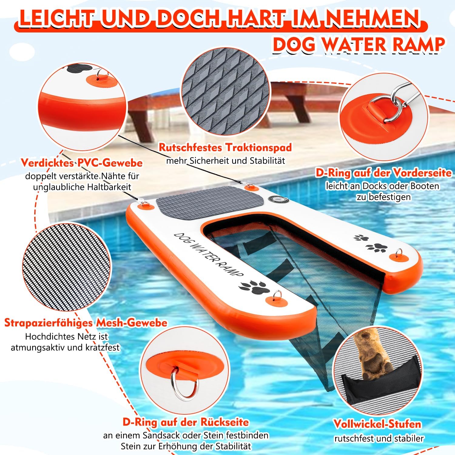 Hundewasserrampe Extra Breite Wasserrampe Pool Leiter, Float Welpen Planke für Pool, Dock & Boot, Haustier Rampe mit Rutschfesten Upgraded Steps, Wasserrampe Leiter für 68kg Hunde Klettern