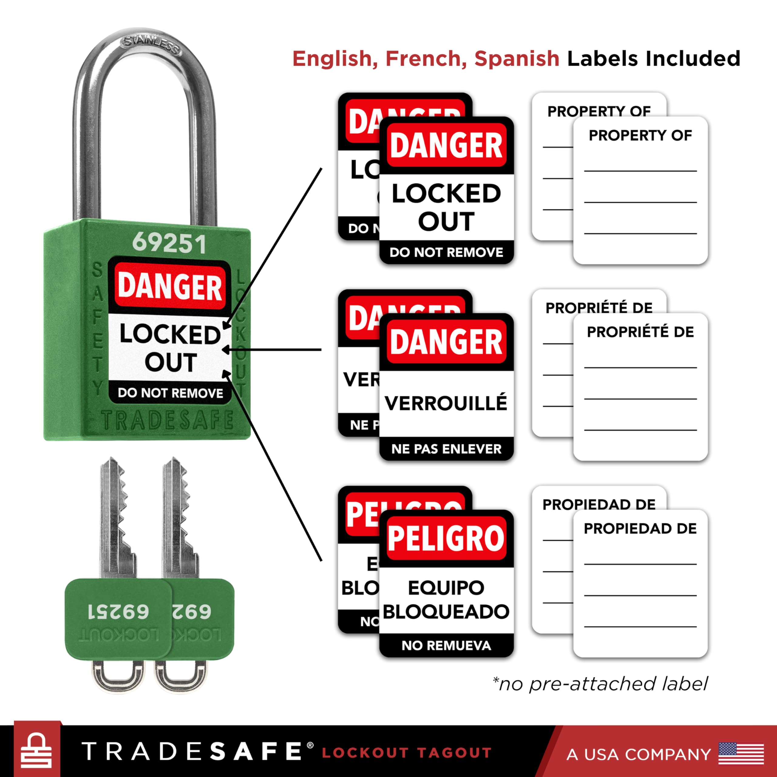 TRADESAFE Juego de cerraduras de bloqueo – 10 cerraduras de loto verde, cerraduras de bloqueo con llave diferente, 2 llaves por cerradura, candados de bloqueo compatibles con OSHA, candados de