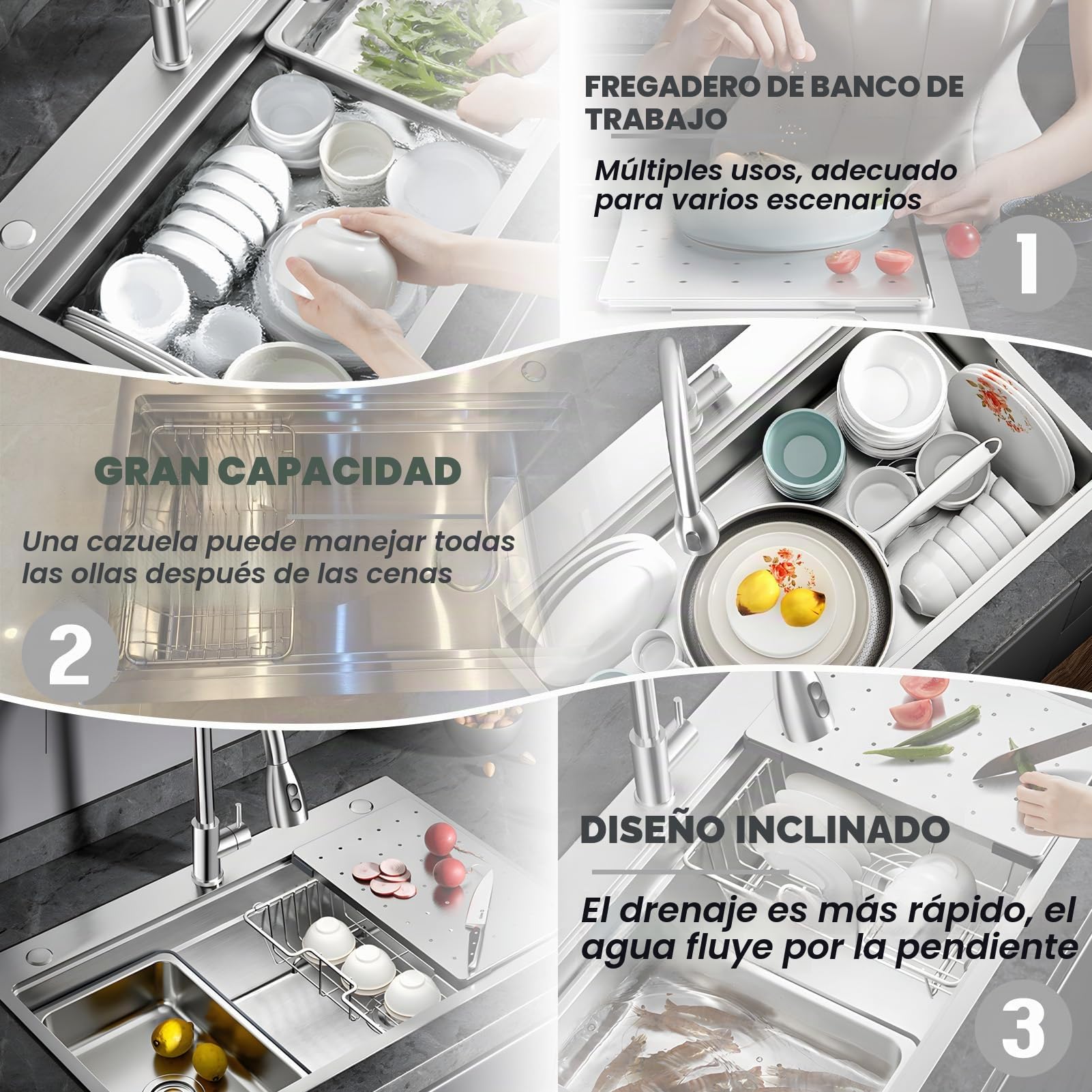 60x50cm Fregadero Cocina 1 Seno, Grande Acero Inoxidable 50cm de ancho Fregadero sobre Encimera, Cuadrado Fregaderos Un Seno con 3 agujeros, Sifón, Dispensador de Jabón y Juego de Desagüe