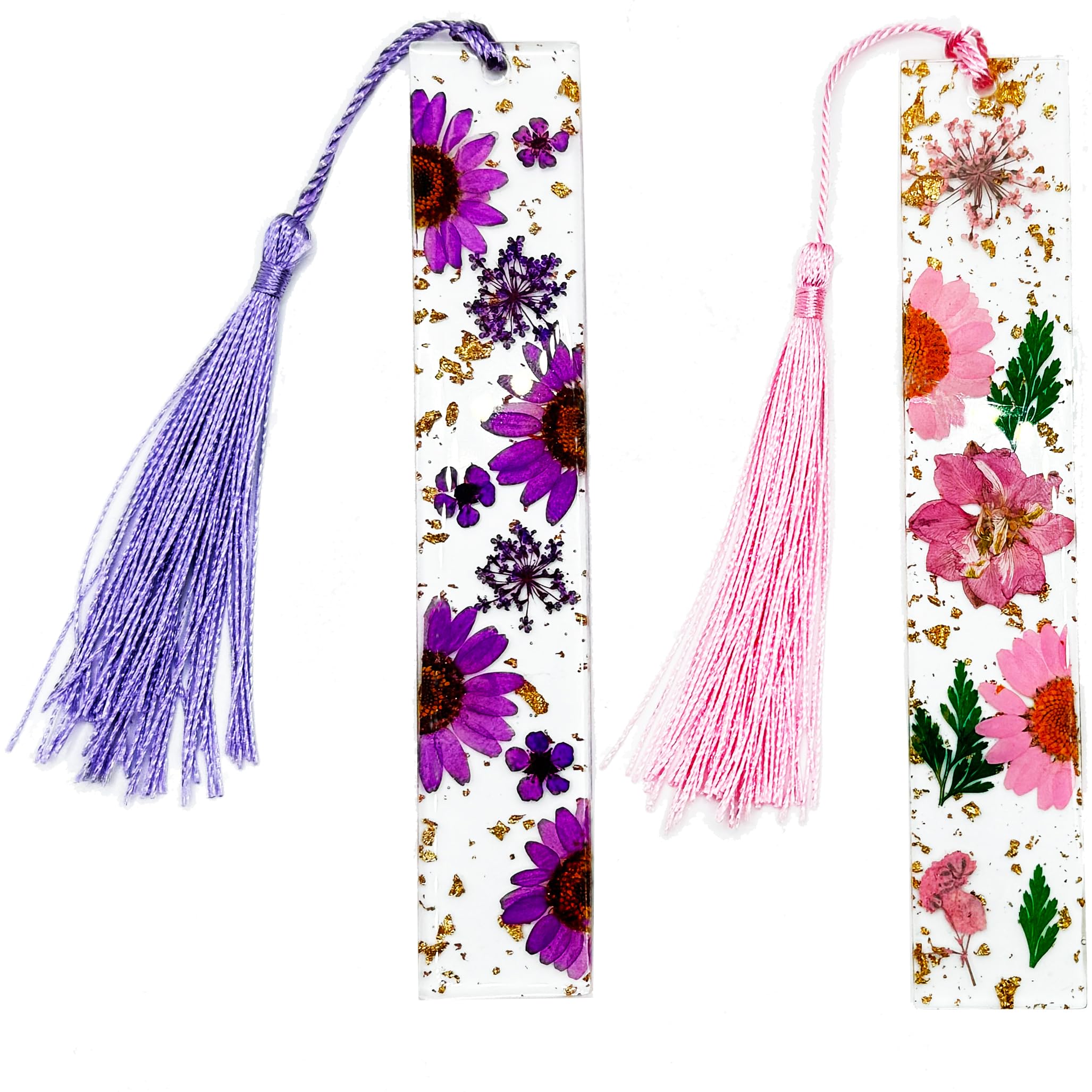 Marcapáginas de flores prensadas (paquete de 2) resina floral seca transparente con borlas, regalo hecho a mano para mujeres, estudiantes, gusanos de biblioteca, amantes de los libros, accesorios para