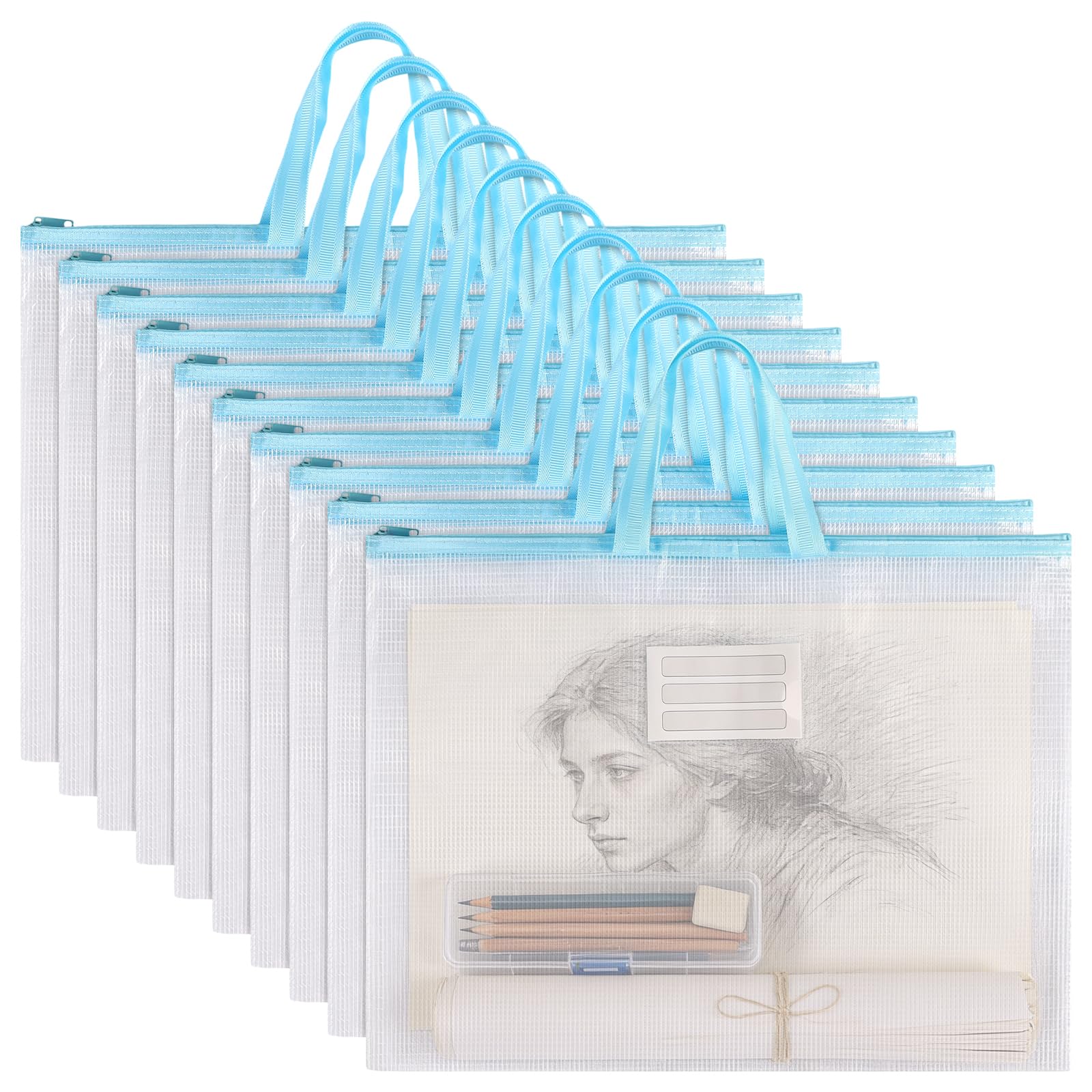 MOUYAT 10PCS A3 Mesh Art Portfolio Bag, Waterproof A3 Art Folder, Transparent Zip Document Wallet, Art Carrying Storage Bag for Documents, 44x33.5cm