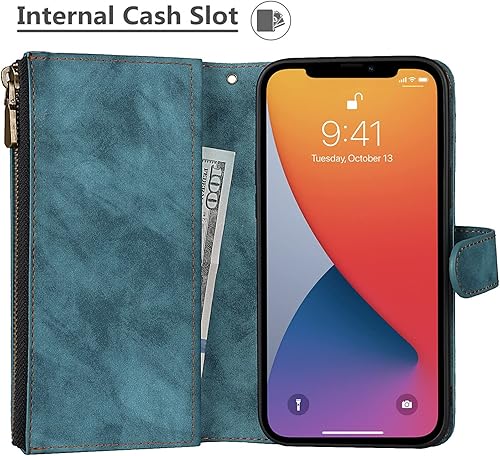 Miniatura 5 de iCoverCase Funda tipo cartera para iPhone 13 con tarjetero, 2 en 1, piel sintética, cierre magnético, bolsillo con cremallera, a prueba de golpes,