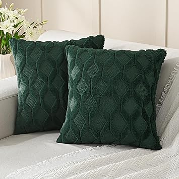 Volcanics Pack of 2 Faux Wool Throw Pillow Covers 20x20 Inches Decorative Farmhouse Velvet Couch Pillow Case Soft Plush Square Boho Cushion Pillowcase, Dark Green