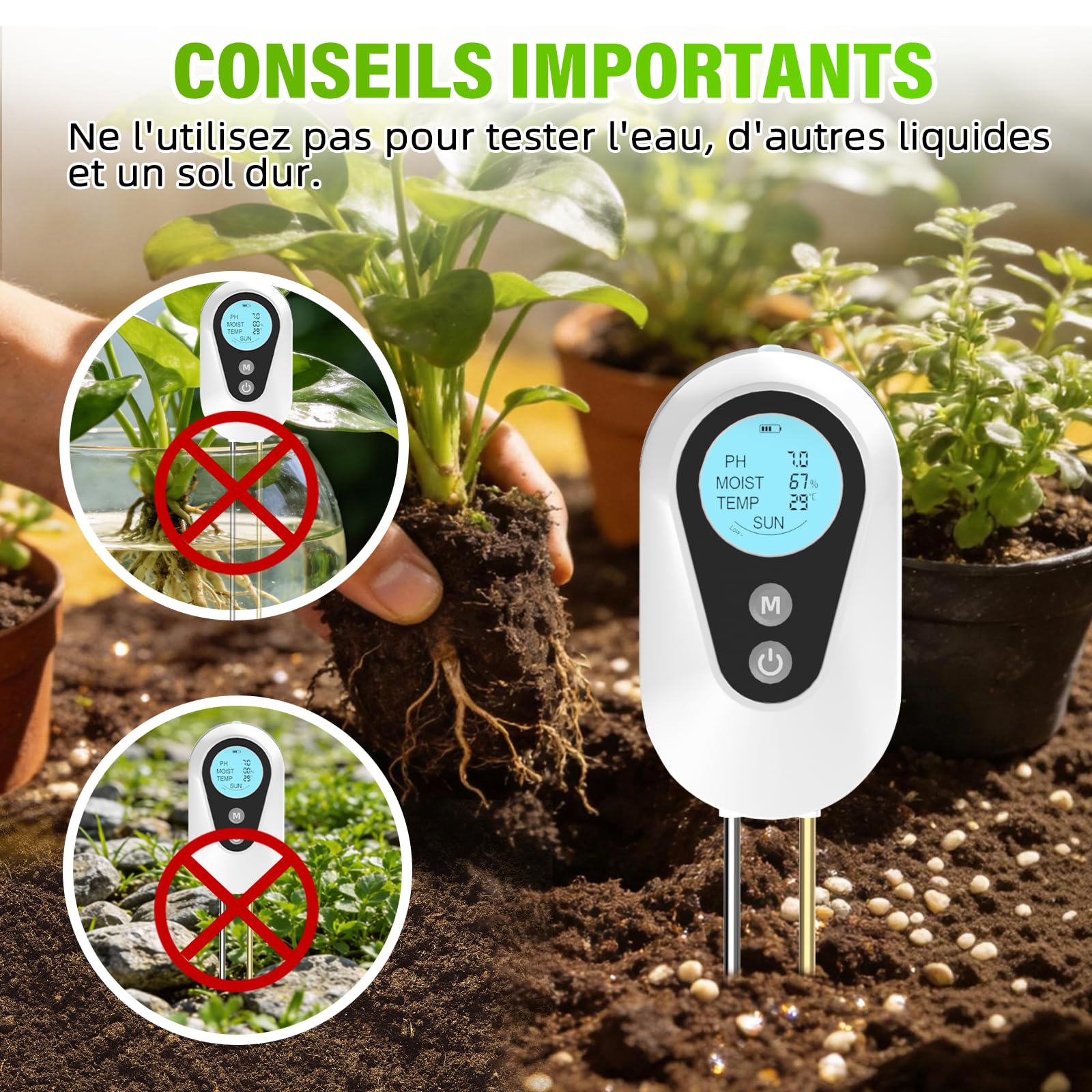BURMONG Testeur Humidité Plante, 4 en 1 Hygrometre Plante avec Humidité/pH/Température/Lumière Solaire, Testeur pH Sol pour Jardinage, Agriculture et Plantes d'Extérieur