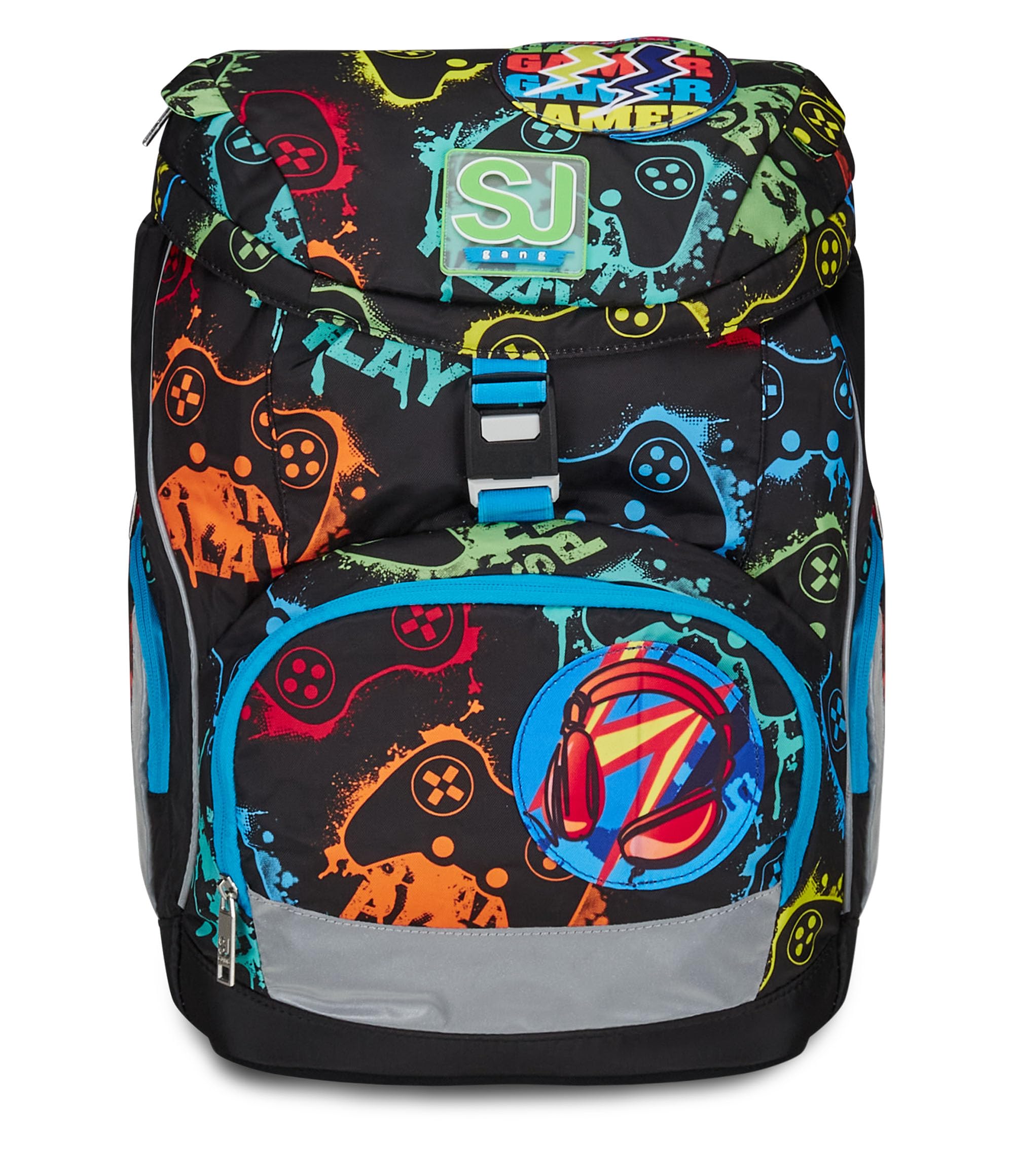 SJ GANG STYLE JAM GANG Zaino Scuola Updown Soft, Nero, Multicolor Game, Monoscomparto con Cinghia Vita Regolabile, Tasca Laterale Zip, Tasca in Rete Porta Borraccia, Elementari, Medie, Bambino Ragazzo