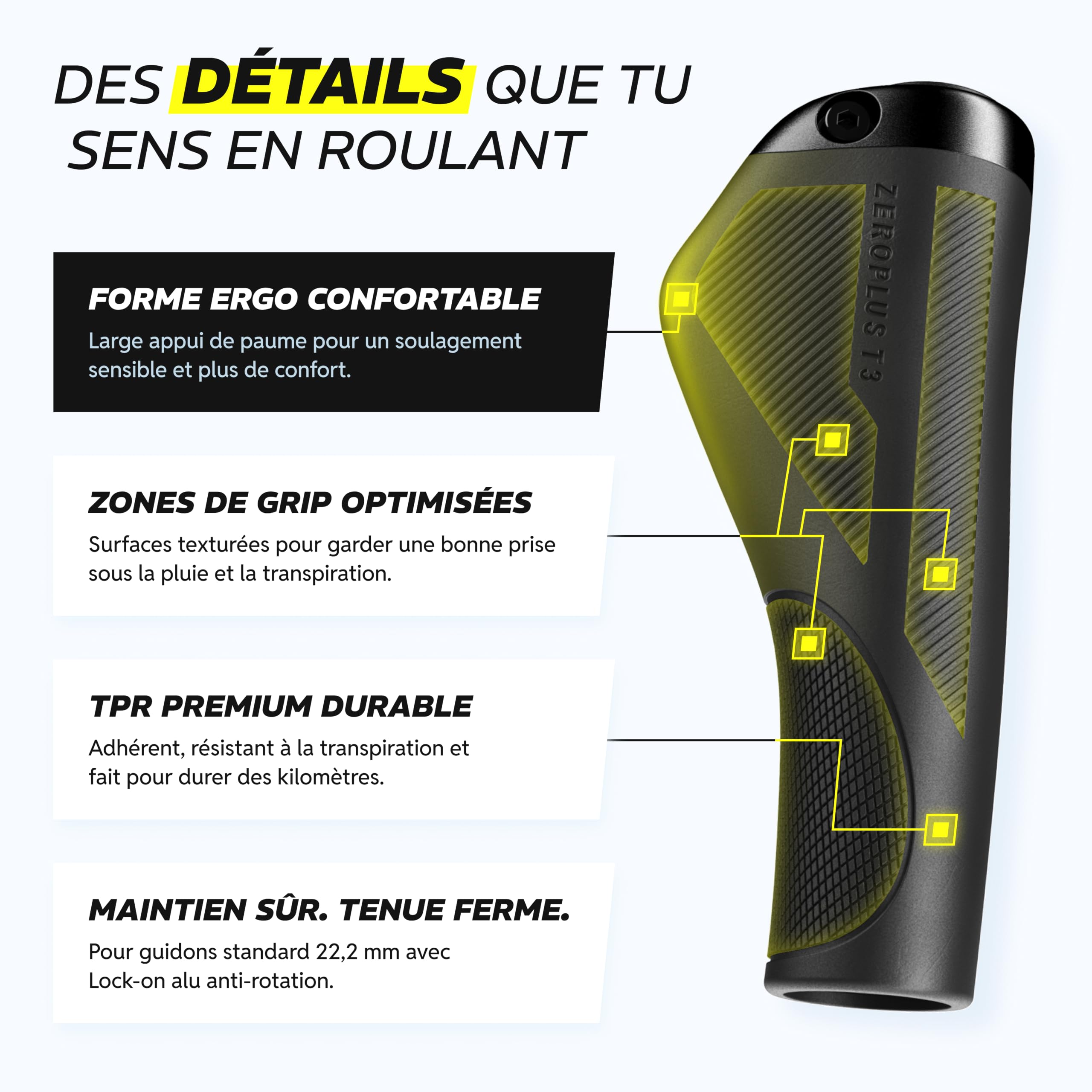 Alphatrail ZeroPlus poignée VTT Ergonomique avec Large Appui-Paume, poignee Velo Ergonomique Lock-on 22,2 mm, 1 Paire, poignée Ergonomique VTT pour vélo électrique, Trekking & Ville