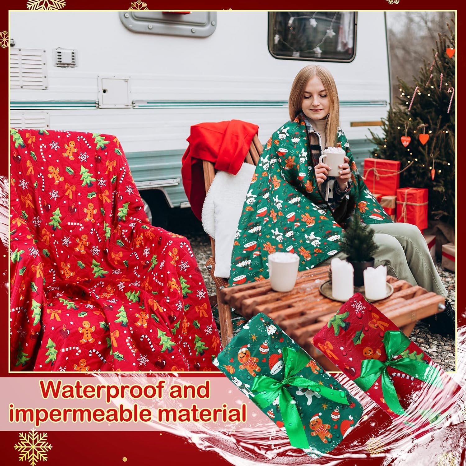 2-Pack Christmas Outdoor Blankets Gifts — 78 x 55 inches Stadium Blankets, Windproof Waterproof Fleece Christmas Picnic Blanket for Campers Sports Fans (Stylish)