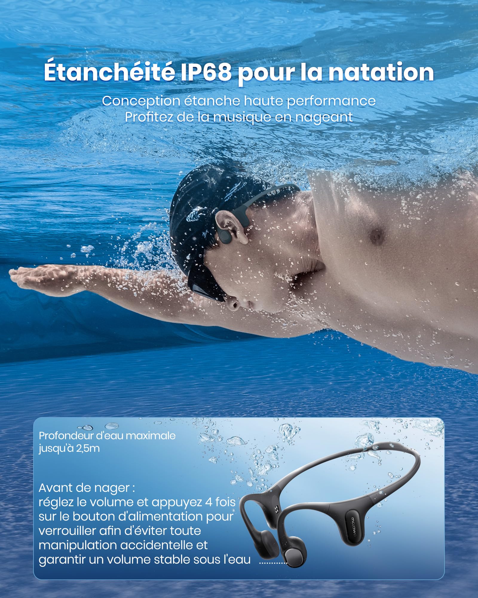 mojawa Run Plus New Casque à Conduction osseuse Natation, étanche IP68 écouteurs avec Lecteur MP3 32 Go, pour Course, Cyclisme et Sport, Basses Profondes, Micro ENC, Bluetooth 5.2 - Gris