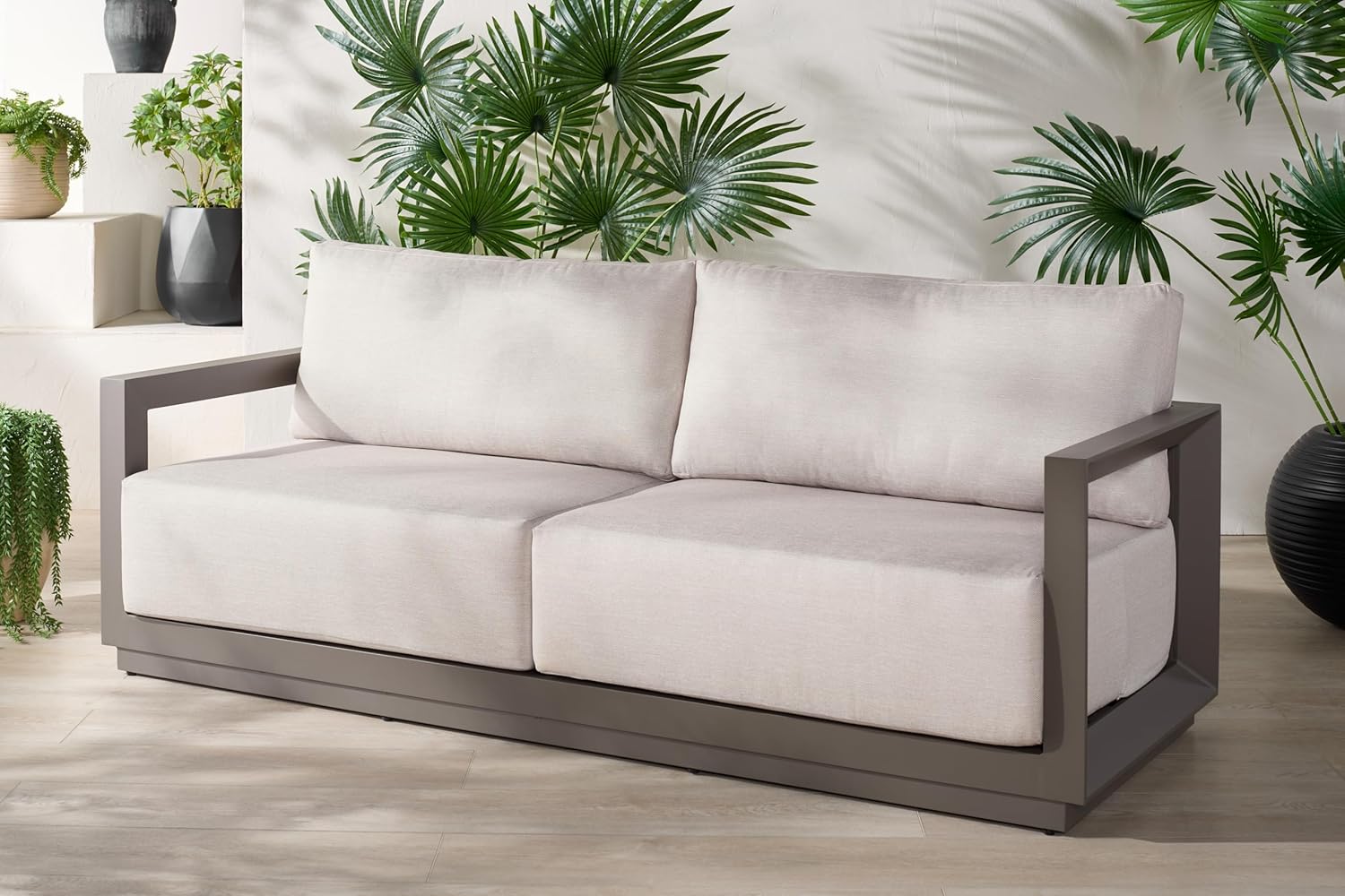 SAFAVIEH Couture Outdoor Patio Furniture Collection - Donaldo 3-Seater Sofa, Dark Grey Aluminum Frame with Beige Cushions, Fully Assembled (CPT4011A)