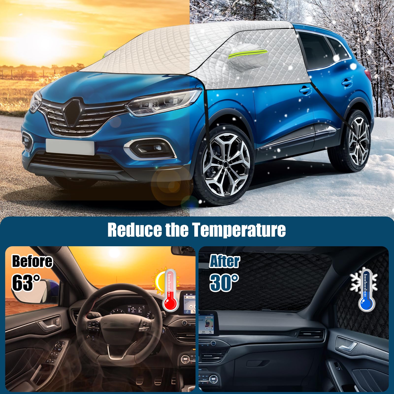 Copertura per Parabrezza Auto per Renault Kadjar | Copri Parabrezza Auto Esterno in Alluminio con Cuffie Riflettenti per Proteggere dai Raggi UV Neve Ghiaccio Polvere e Sole