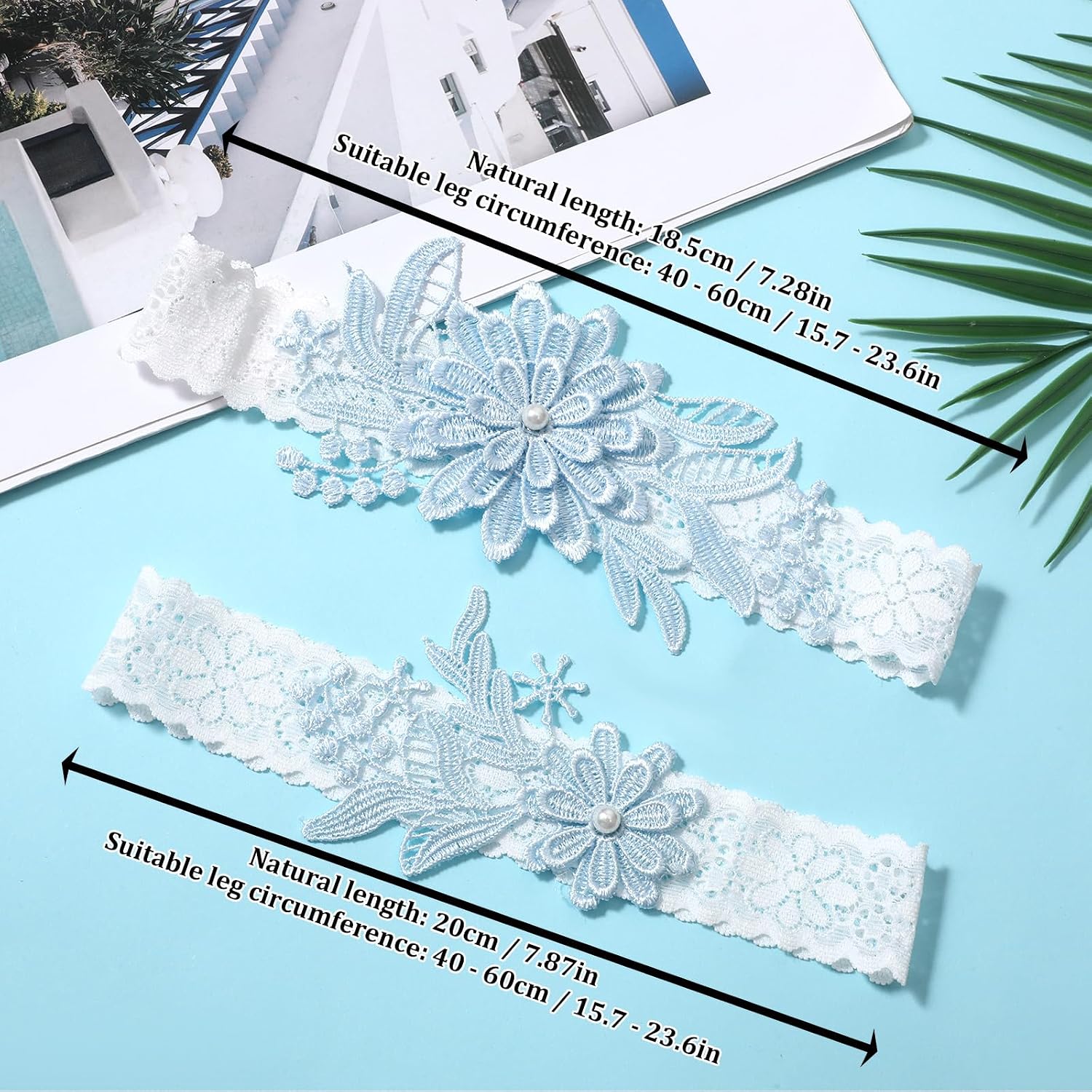 2 Pieces Bride Wedding Garter Set, Blue Lace Thigh Garter With Faux Pearls, Wedding Day Essentials Toss and Keep Lace Thigh Garter Set, Adjustable Elastic Band For Wedding, Party, Prom