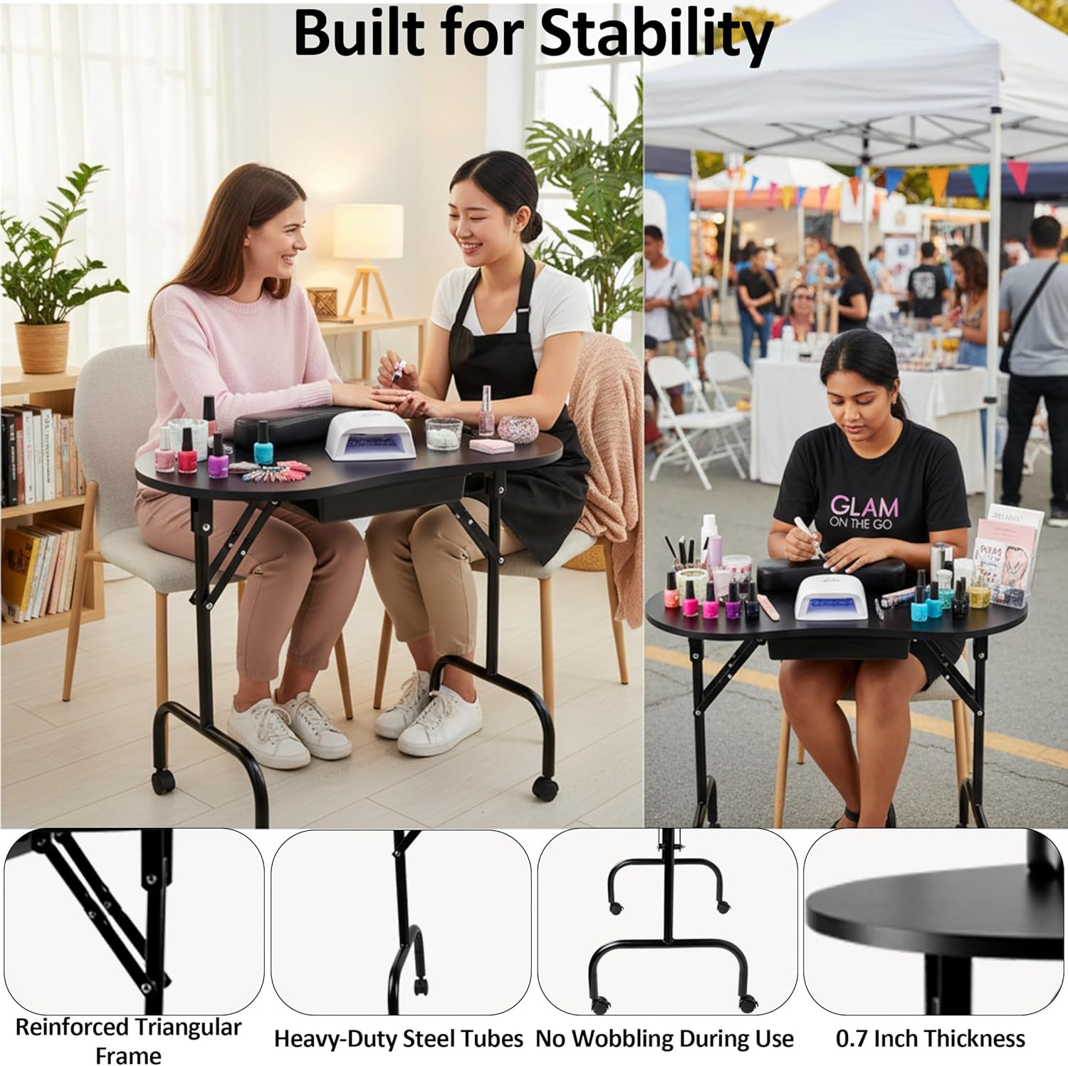 Portable Manicure Table Foldable Nail Desk Workstation with Drawer and Wrist Rest Professional Nail Tech Table with Wheels and Carry Bag for Technician Spa Salon and Home Use