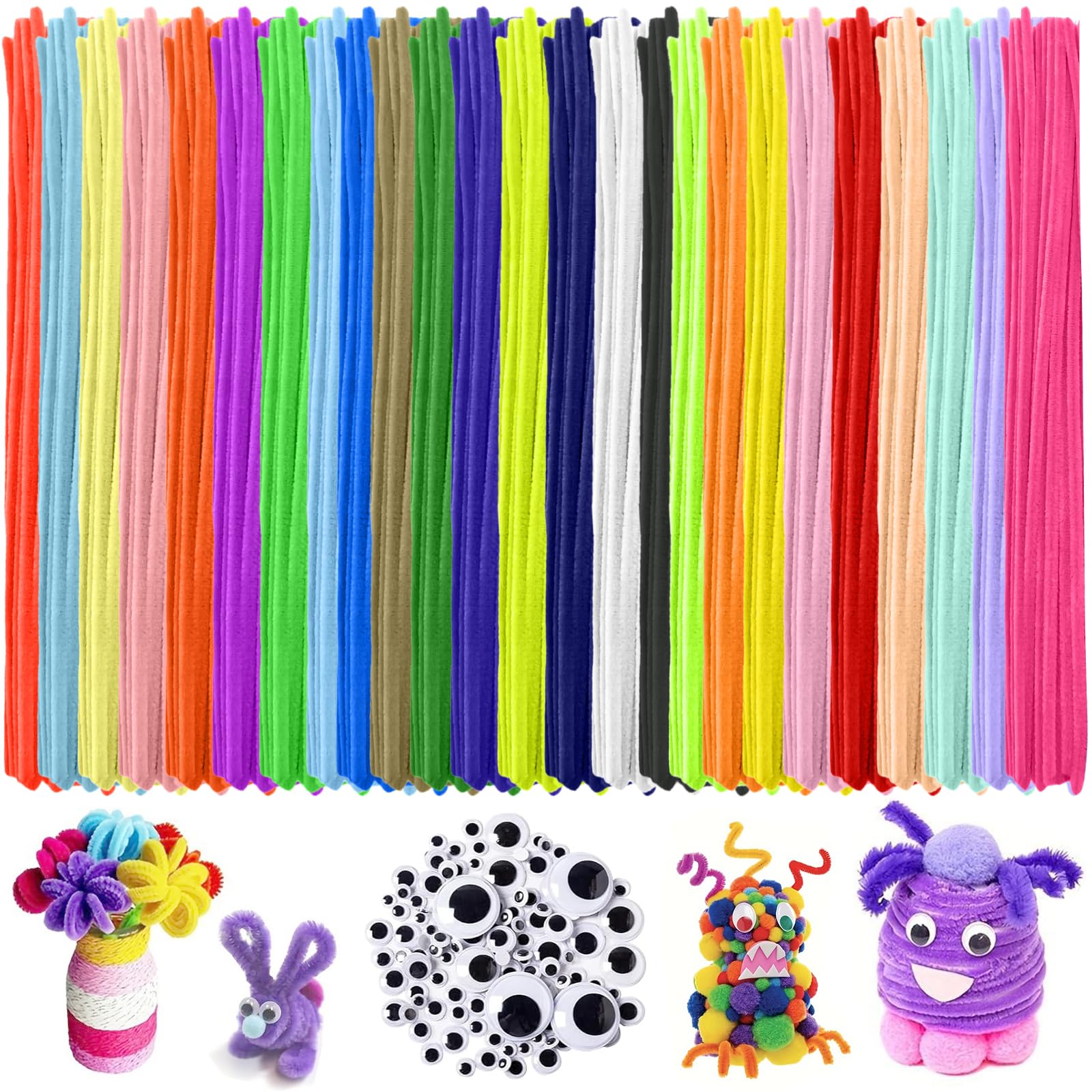 Lot De 600 Cure-Pipes + Accessoires - 6 Couleurs, 40 Tiges, 400 Étamines, 3 Rubans - Pour Bricolage, Loisirs Créatifs