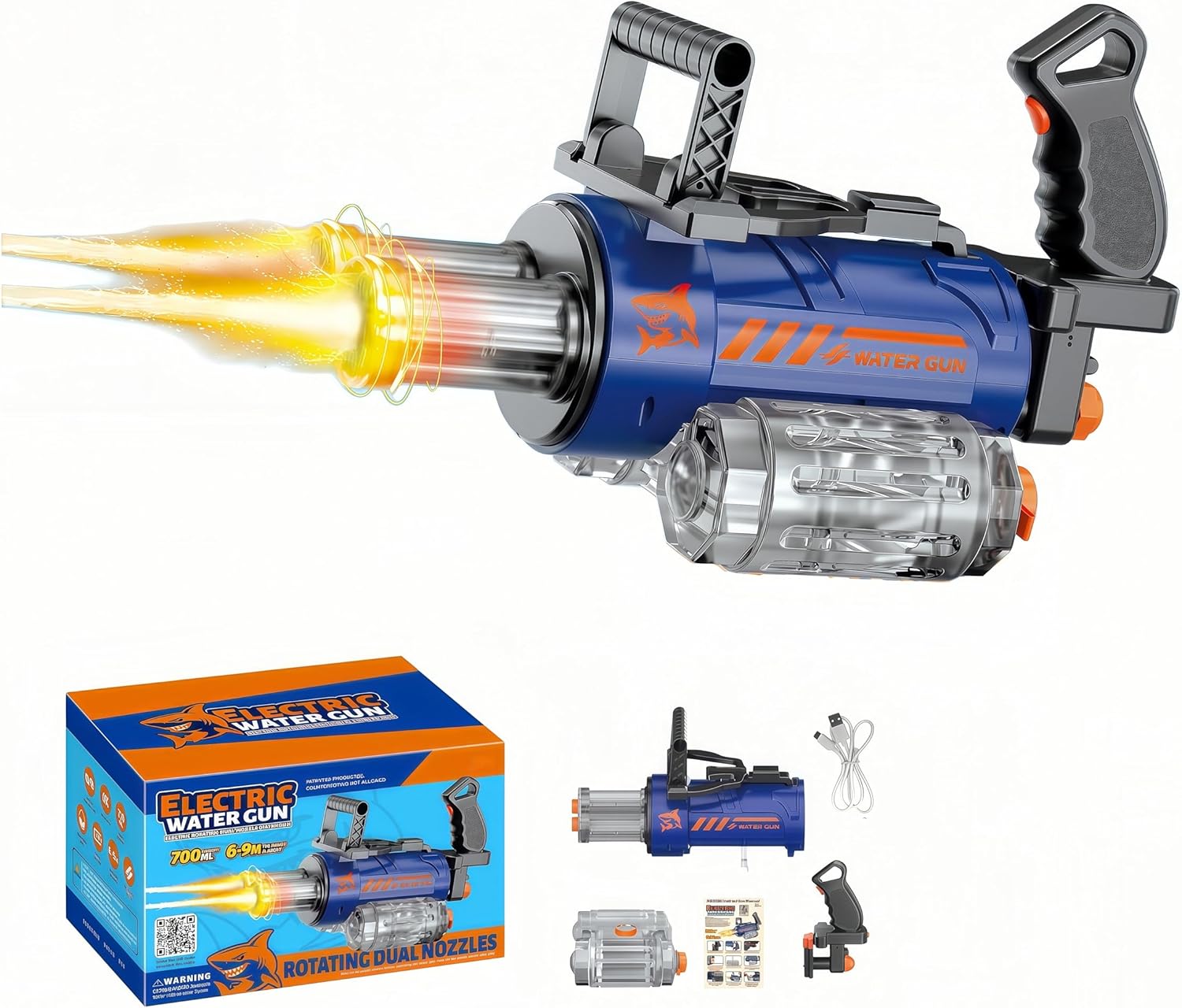 Electric Gatling Water Gun with LED Lights for Adults and Children, Long-Range Transparent Electric Water Gun, Summer Outdoor Pool Party Toy and Gift, Suitable for Boys and Girls. (Blue)