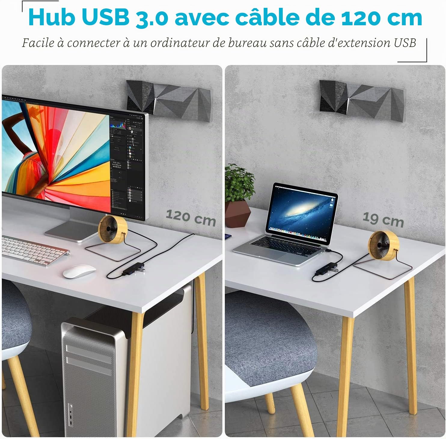 Aceele Hub USB 3.0 4 Ports 120cm pour Macbook, PC