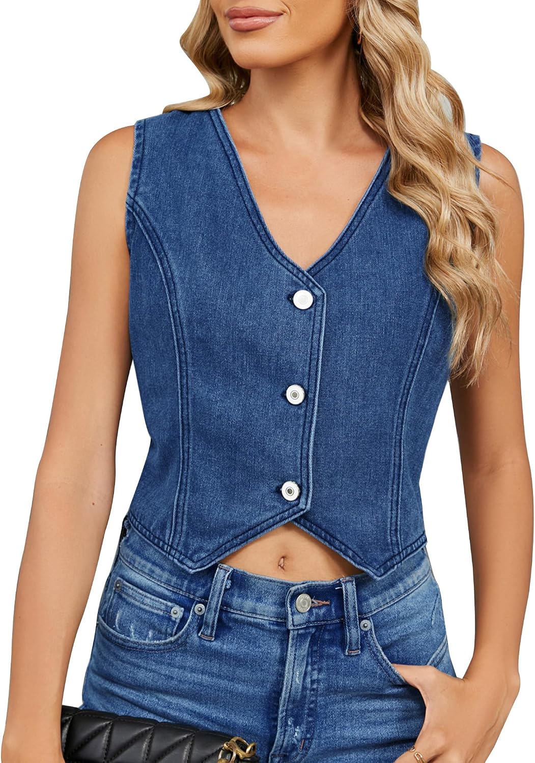 ODIZLI Denim Tops For Women Trendy Jean Waistcoat Sleeveless Button Up Cropped Vest Top