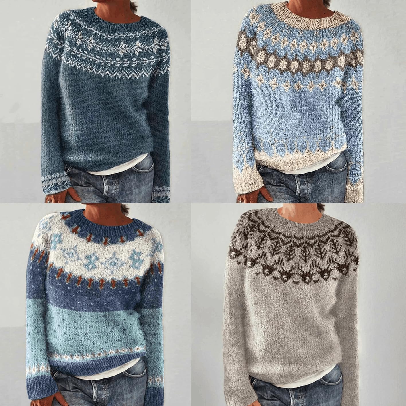 Women's Vintage Fair Isle Sweater Knitted Crewneck Long Sleeve Colorful Warm Fall Winter Pullover - Image 3