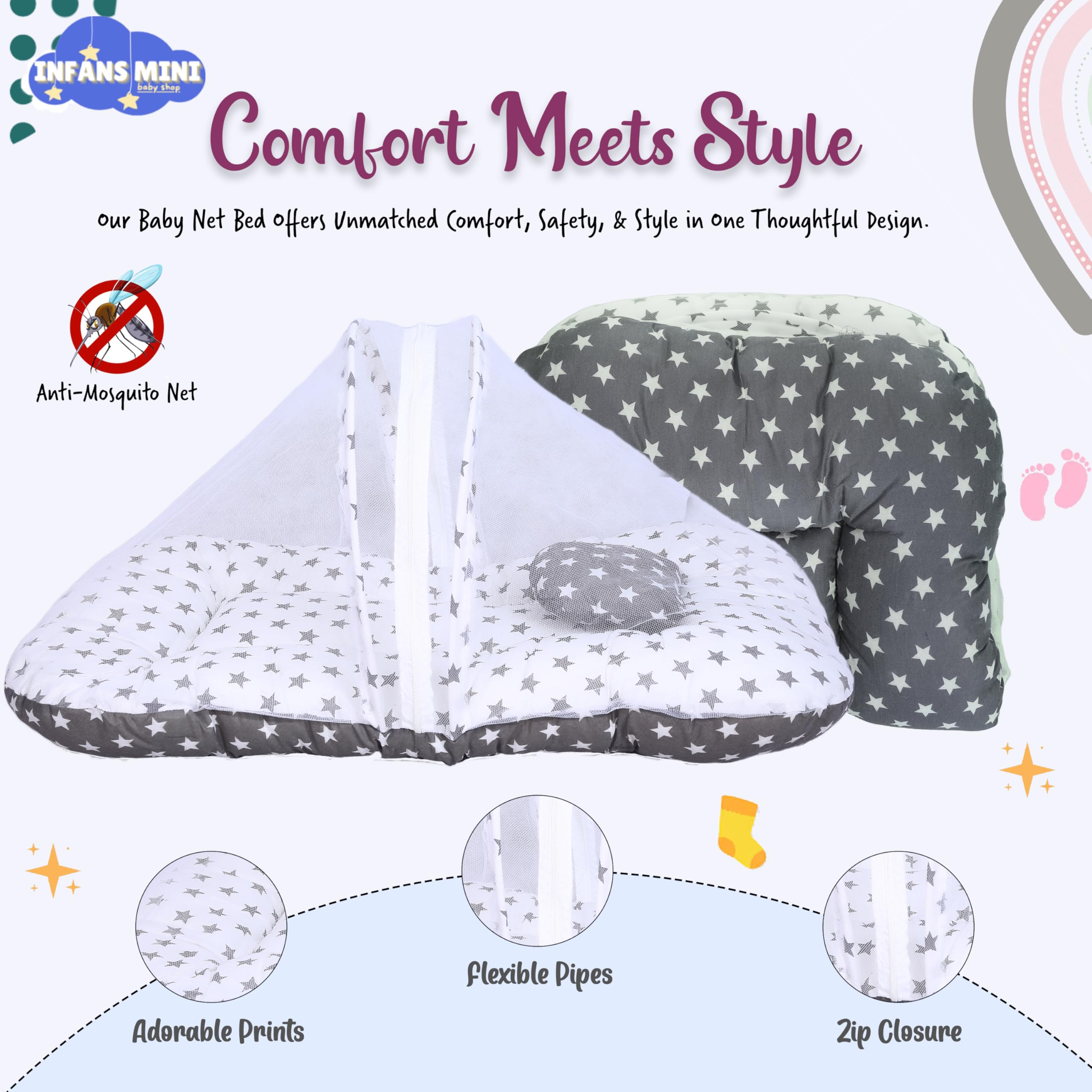 Infans Mini Baby Bedding Set for New Born Baby Sleeping Bag, Mosquito Net Bed Suitable Upto 6 Months Babies (Star Grey) 1