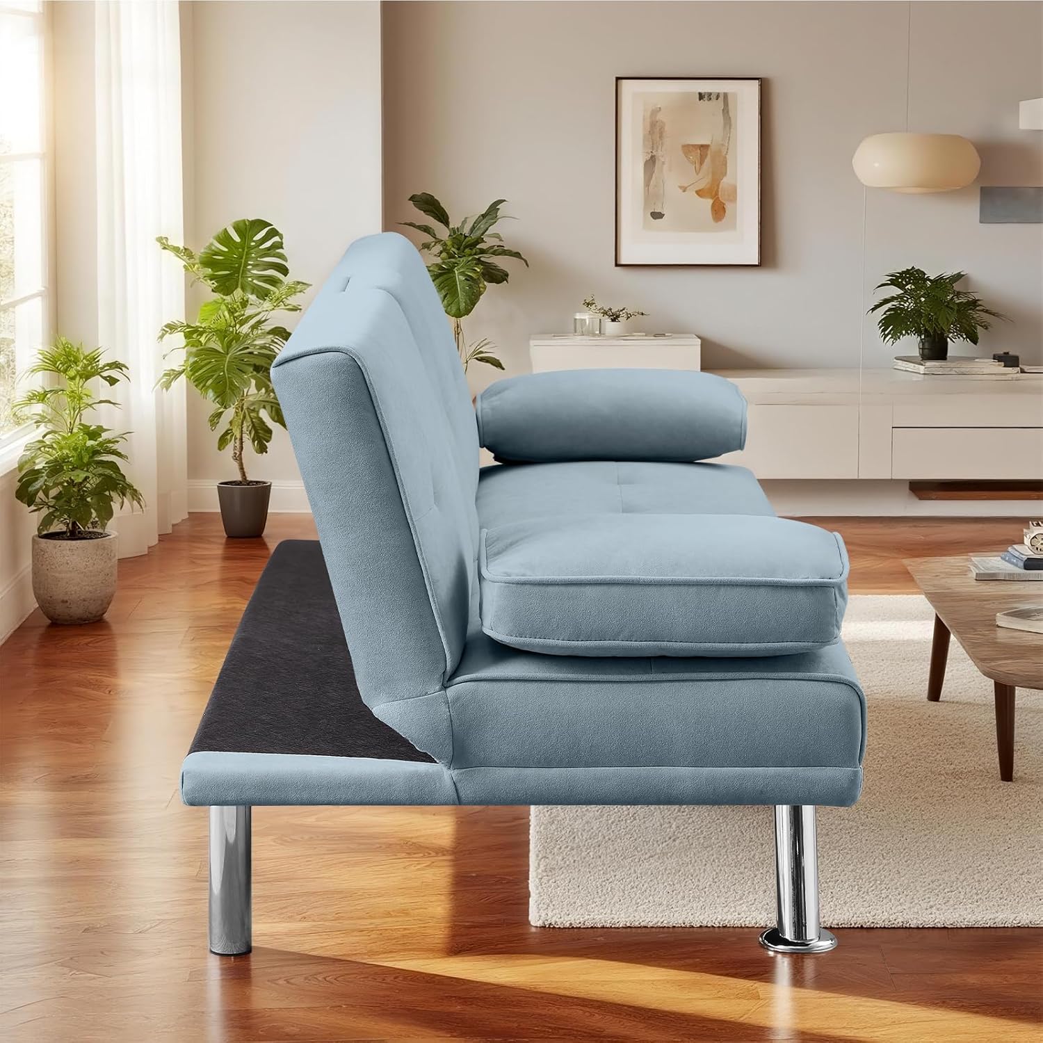 Folding Sofa Bed,Velvet Futon Sofa Couch for Living Room,Convertible Recliner Sleeper Sofa Bed,Adjustable Loveseat w/Removable Armrests,2 Cupholders,Light Blue