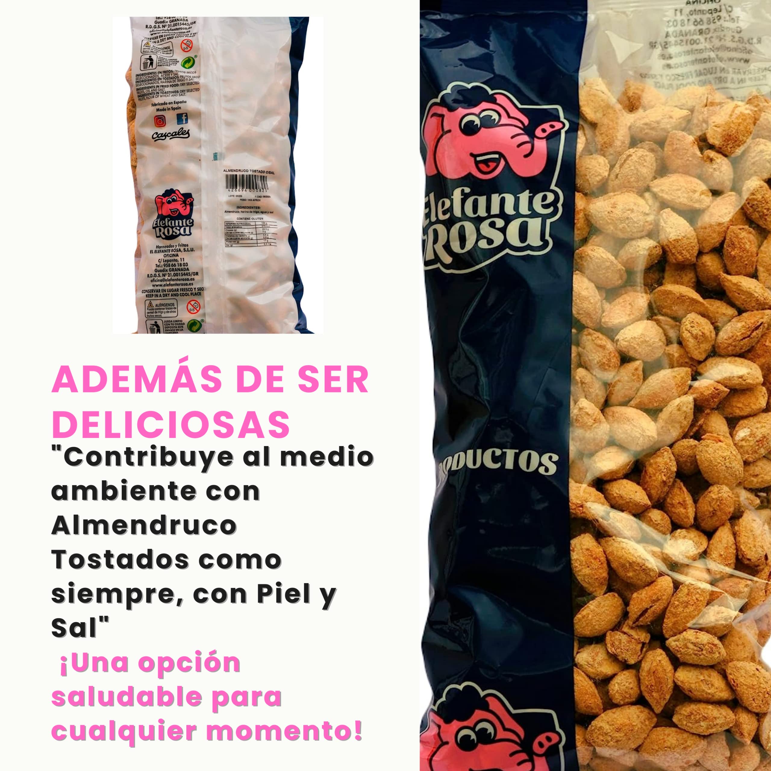 Almendras Saladas con Cascara Frita Salada - Frutos Secos Elefante Rosa Bolsa de 1 Kg - El Snack Saludable y Exquisito para Compartir - Almendras Tostadas Enteras con Sal