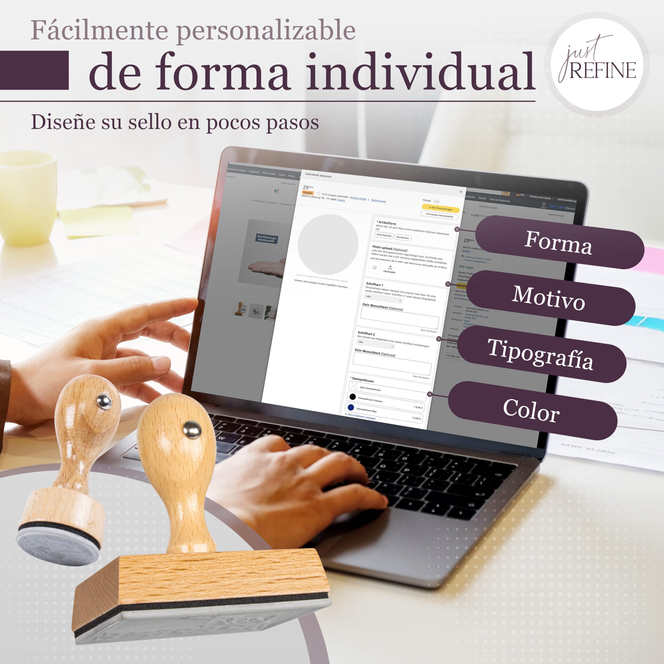 Sello Personalizable con Logotipo o Texto: Sello de Empresa, Dirección y Fecha en Madera - Varios Tamaños Disponibles, Diseñe a Su Medida (30 mm)