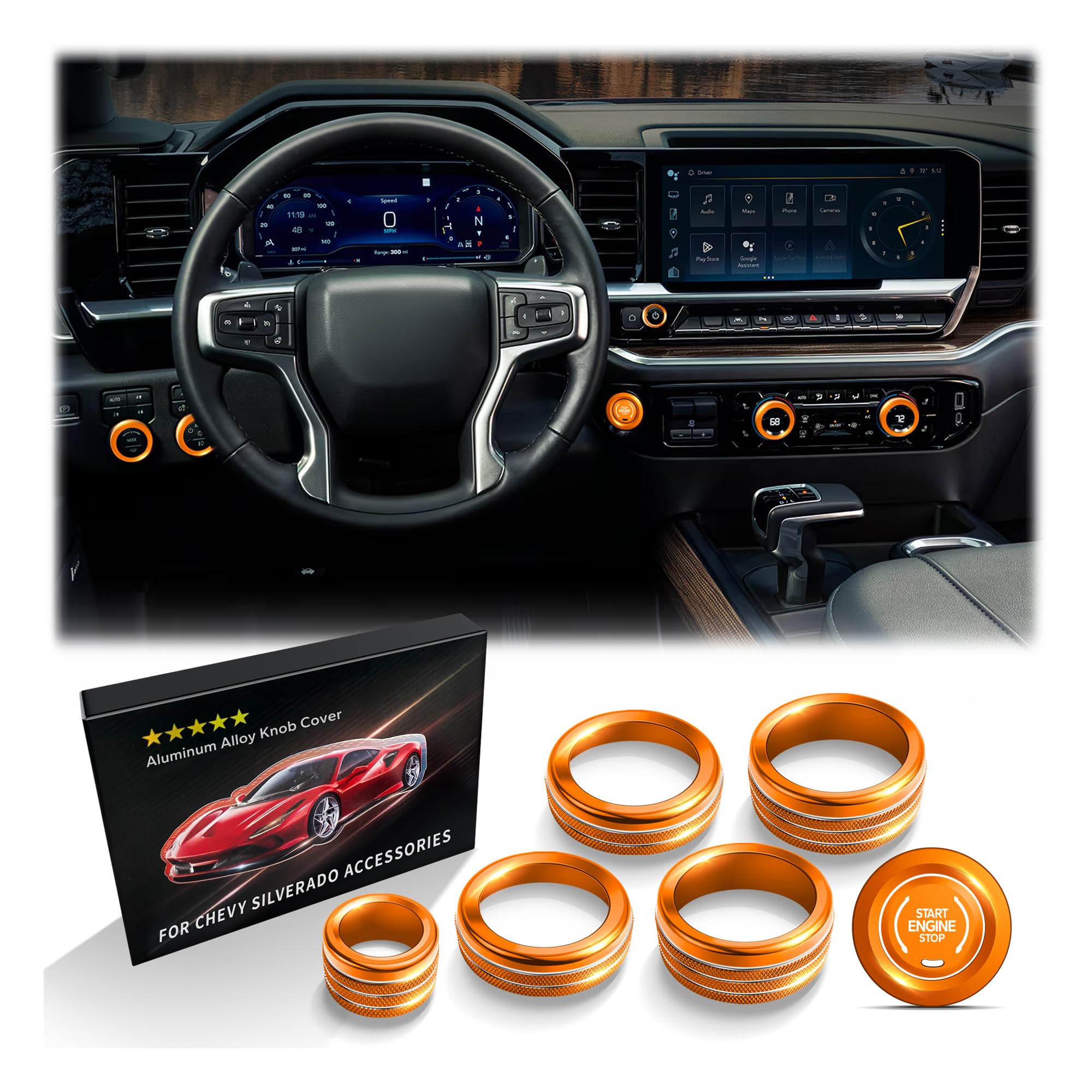 Polodunn for 2022-2025 2026 Chevy Silverado 1500 Accessories &amp; 2024-2026 Chevrolet Silverado 2500HD/3500HD, 7pcs Aluminum Alloy Knob Cover Trim Kit (Orange) - Push Start, AC, Volume, Headlight &amp; Mode