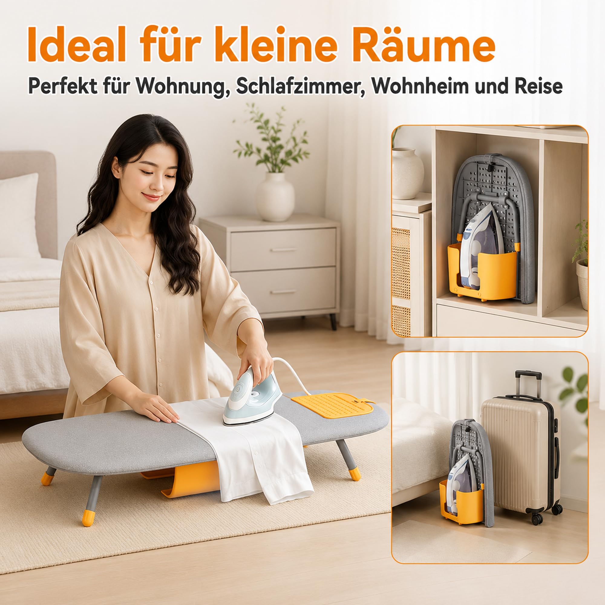 Tischbügelbrett Klappbar Mini Bügelbrett mit Integriertem Bügeleisenfach, Platzsparendes Bügeltisch für Kleine Räume, Kohlenstoffstahl, 84x33x12 cm, Grau