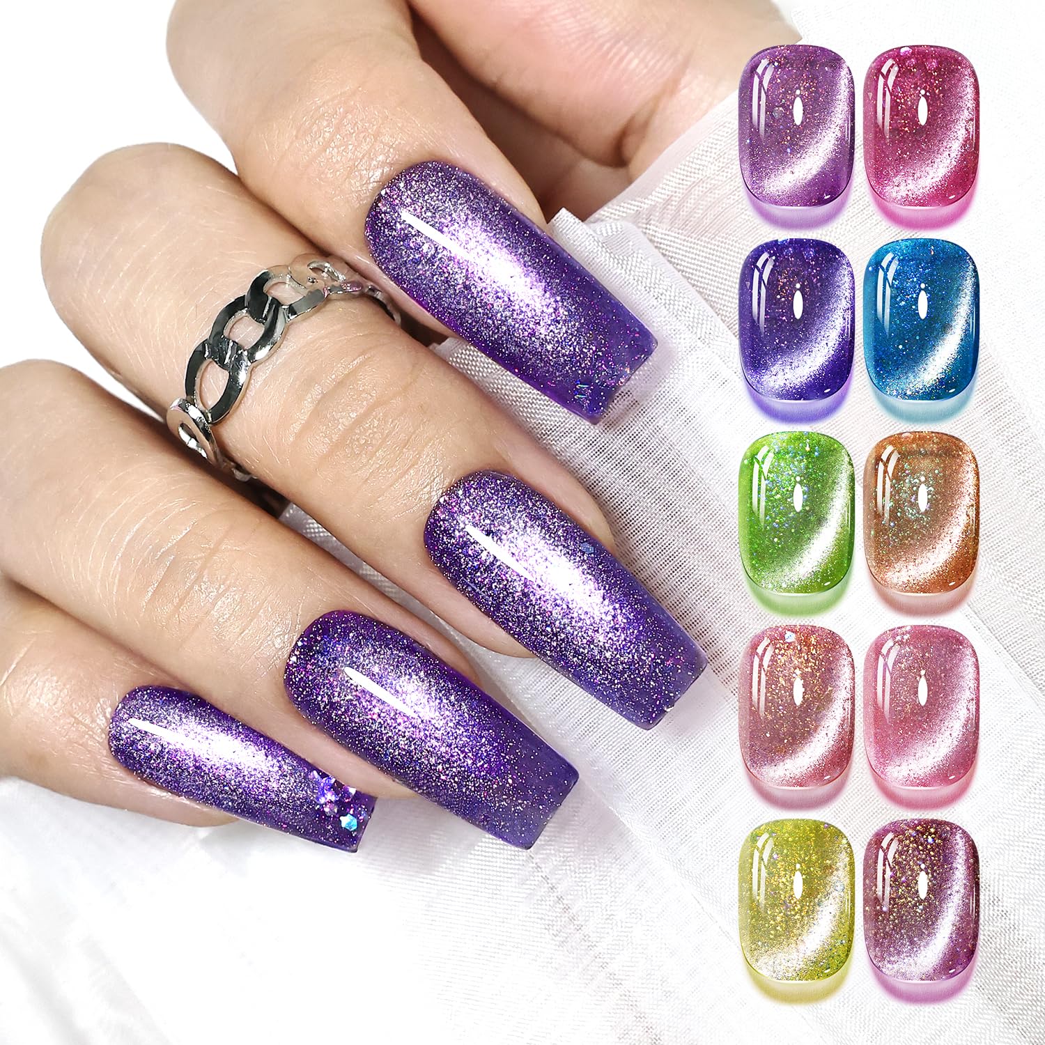 JODSONE Cat Eye Gel Nail Polish Set 10 Colors Glitter Pink Purple Blue Green with Base Coat & Top Coat Sparkle Stunning Nail Art Gifts for Women 10Color-CE-1