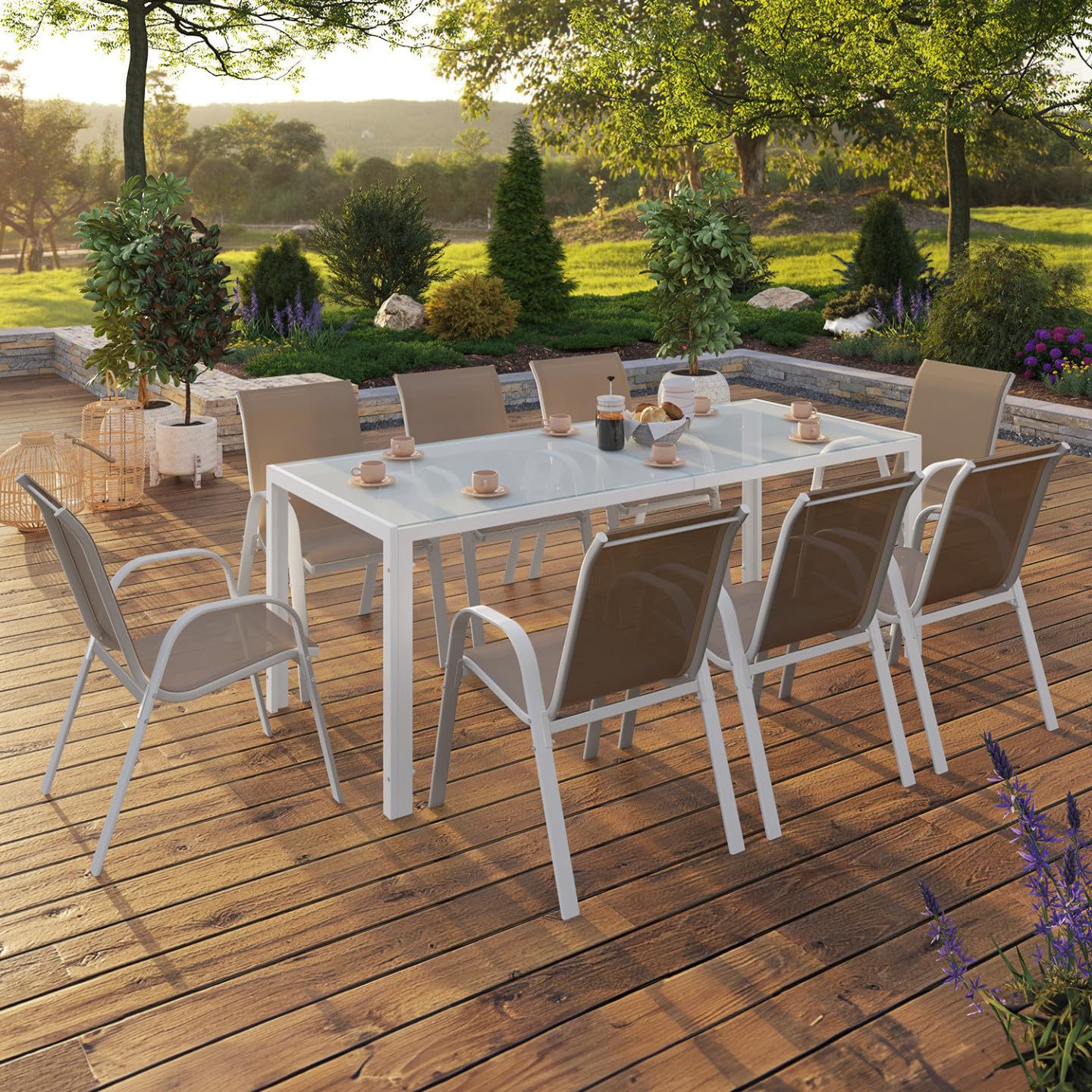 IDMarket – Salón de jardín Madrid Mesa 190 cm y 8 sillas apilables blanco y beige