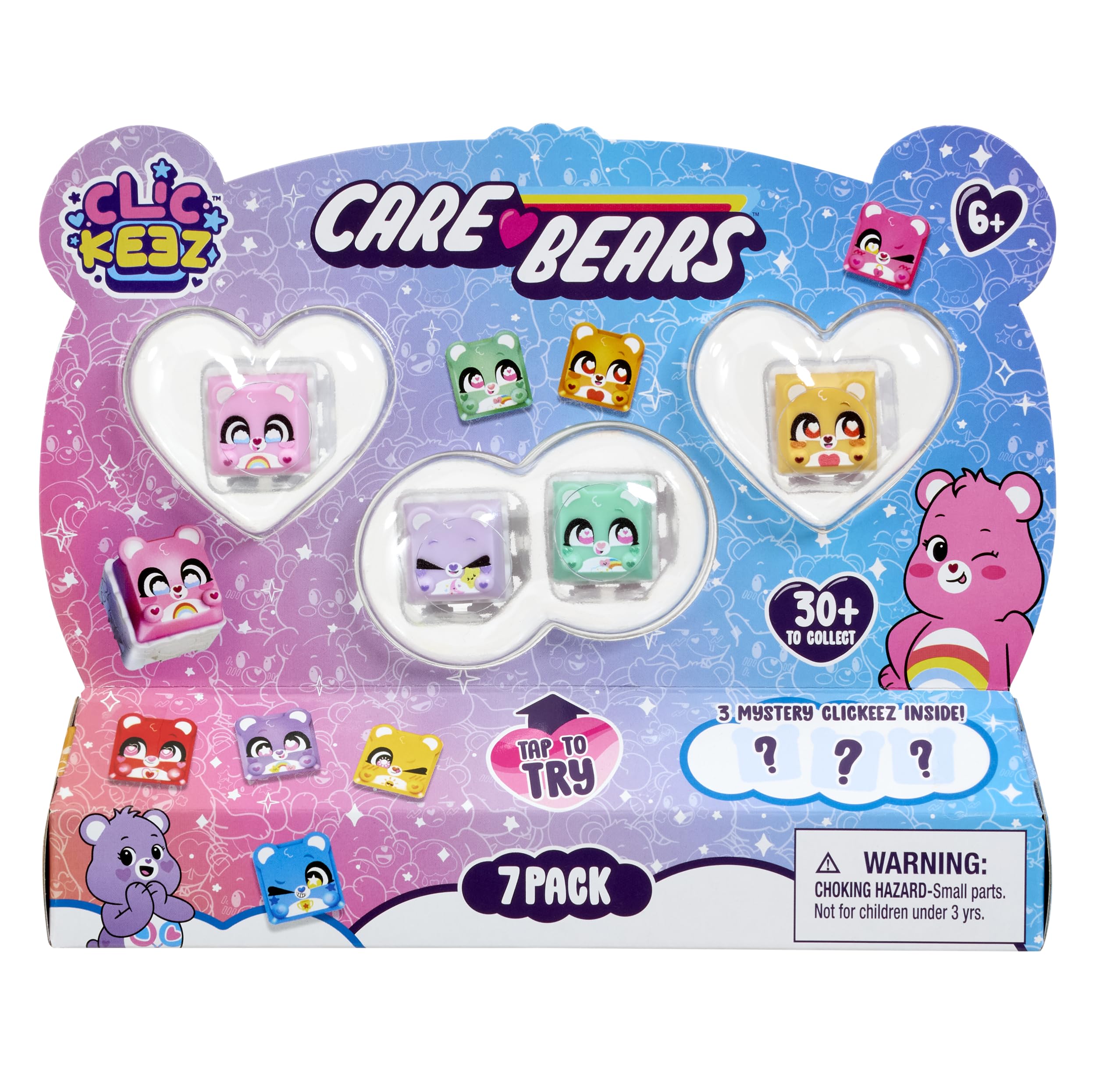 Clickeez Care Bears 7-Pack | 7 Collectible Character Keyboard Keys Click and Clack | Create Your Own Keychain | Ages 6+