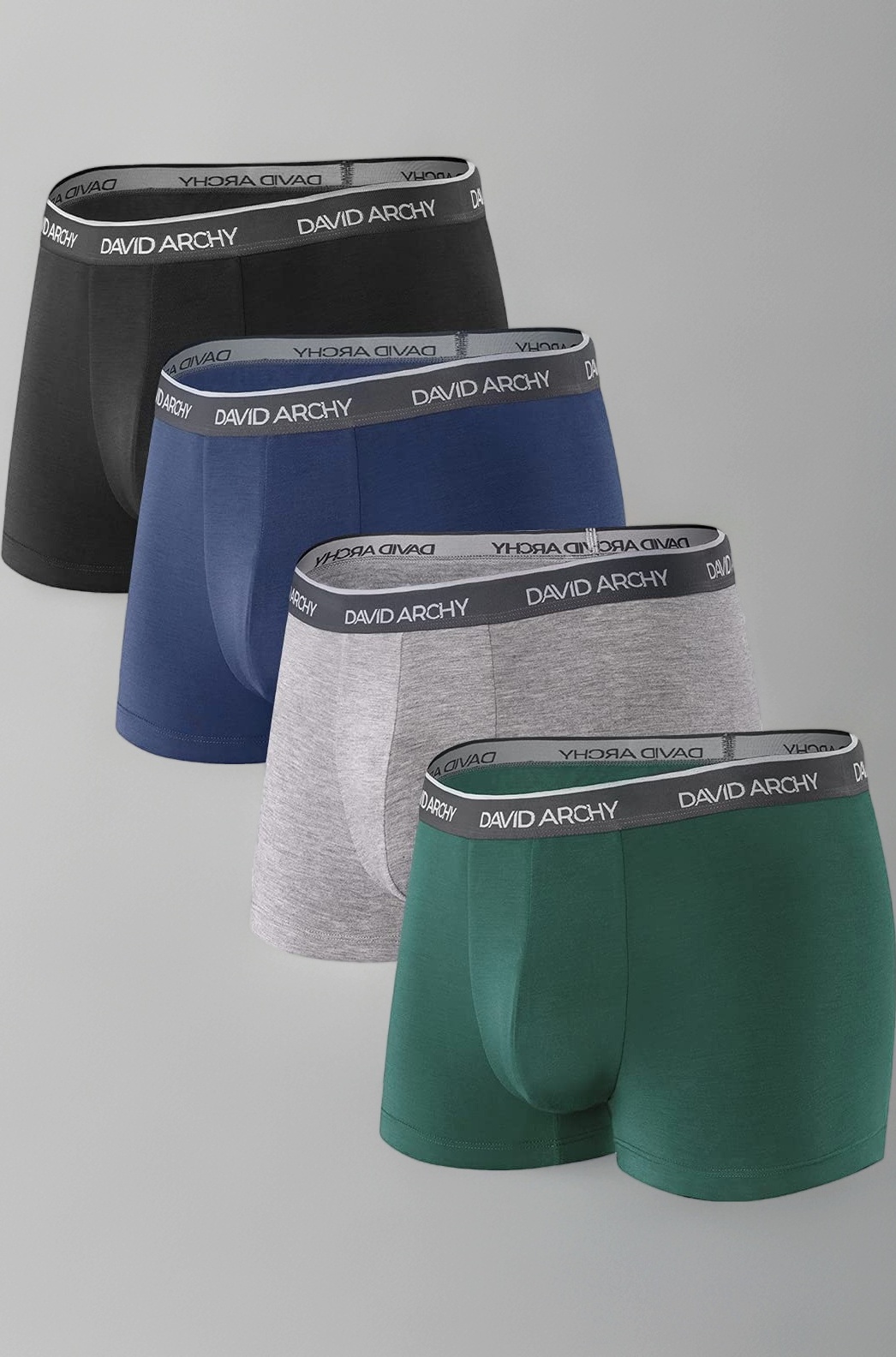 DAVID ARCHY Men's 4 Pack Underwear Ultra Soft Comfy Breathable Bamboo Rayon Trunks No Fly (M, Black/Navy Blue/Olive Green/Heather Gray)
