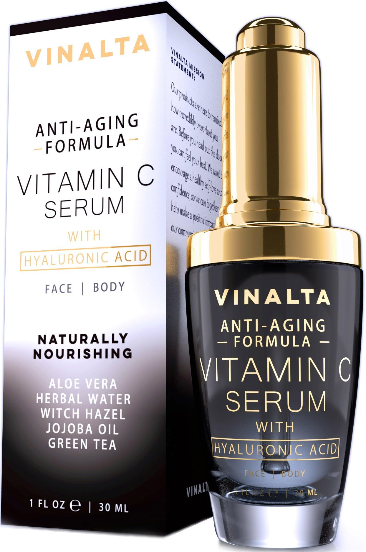 Vitamin C Serum with Hyaluronic Acid for Face by Vinalta, Aloe, CoQ10, Organic Jojoba Oil, Vitamin A, E, Anti Wrinkle, Dark Eyes, Age Spots, Best Anti Aging Skin Care 1 fl. oz.