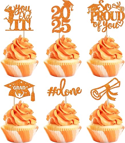 Miniatura 120 de Paquete de 24 adornos dorados para cupcakes de graduación 2025 con purpurina So Proud of You Done Diploma Graduation Cap Cupcake Picks Class of 2025