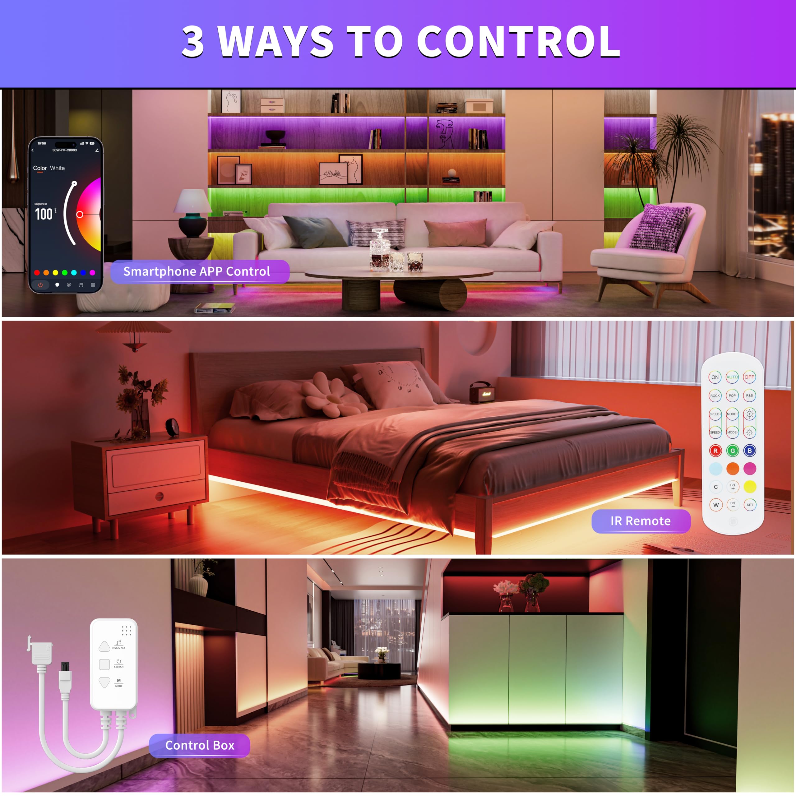 PAUTIX COB Ledstrip, RGB, 10 m, dimbaar, 24 V, zelfklevend, wifi, werkt met Alexa/Google Assistant/Tuya, kleurwisselend voor speelkamer, feest, doe-het-zelf decoratie