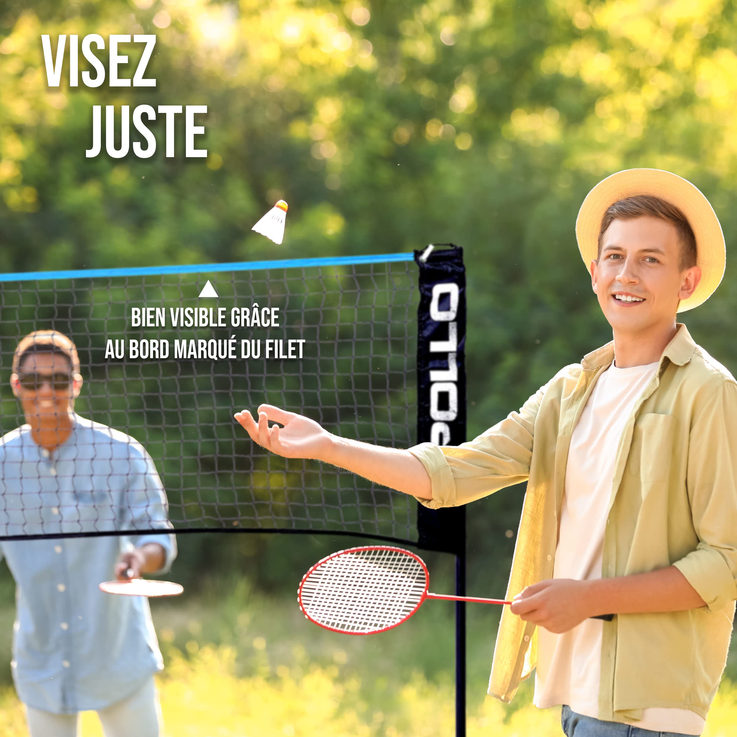 Apollo Filet Badminton | Filet de Volley Ball | 300cm | 400cm | 500 cm | Filet de Badminton Réglable, Set avec Filet de Sport, 3 Volants, Support en Acier, Sac de Transport, Intérieur et Extérieur