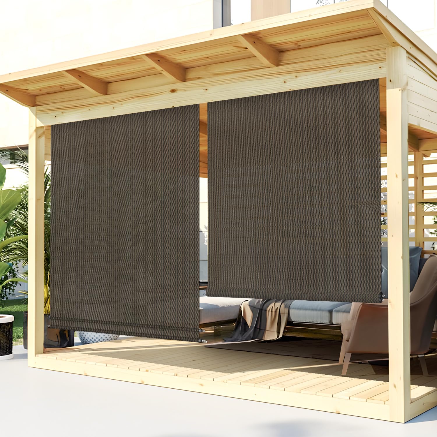 TANG Exterior Roller Shade 7'Wx5.5'H Outdoor Patio Shades Roll Up Blinds Sunshades for Deck Porch Pergola Balcony Backyard, Brown