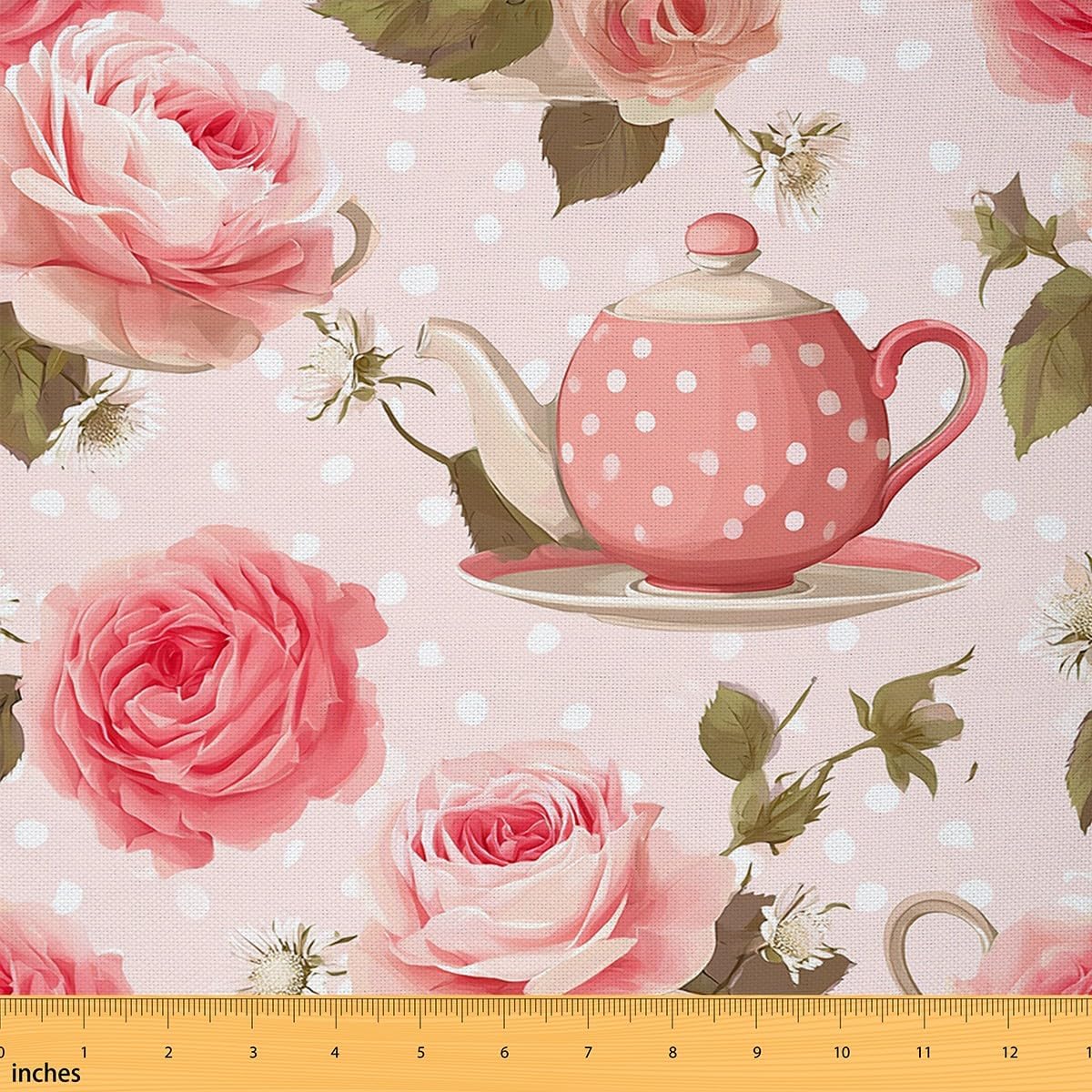 Feelyou Vintage Floral Fabric by The Yard, Romantic Teapots Flowers Theme Upholstery Fabric for Chairs and Home DIY Projects, Decorative Waterproof Fabric, 2 Yards, Light Pink