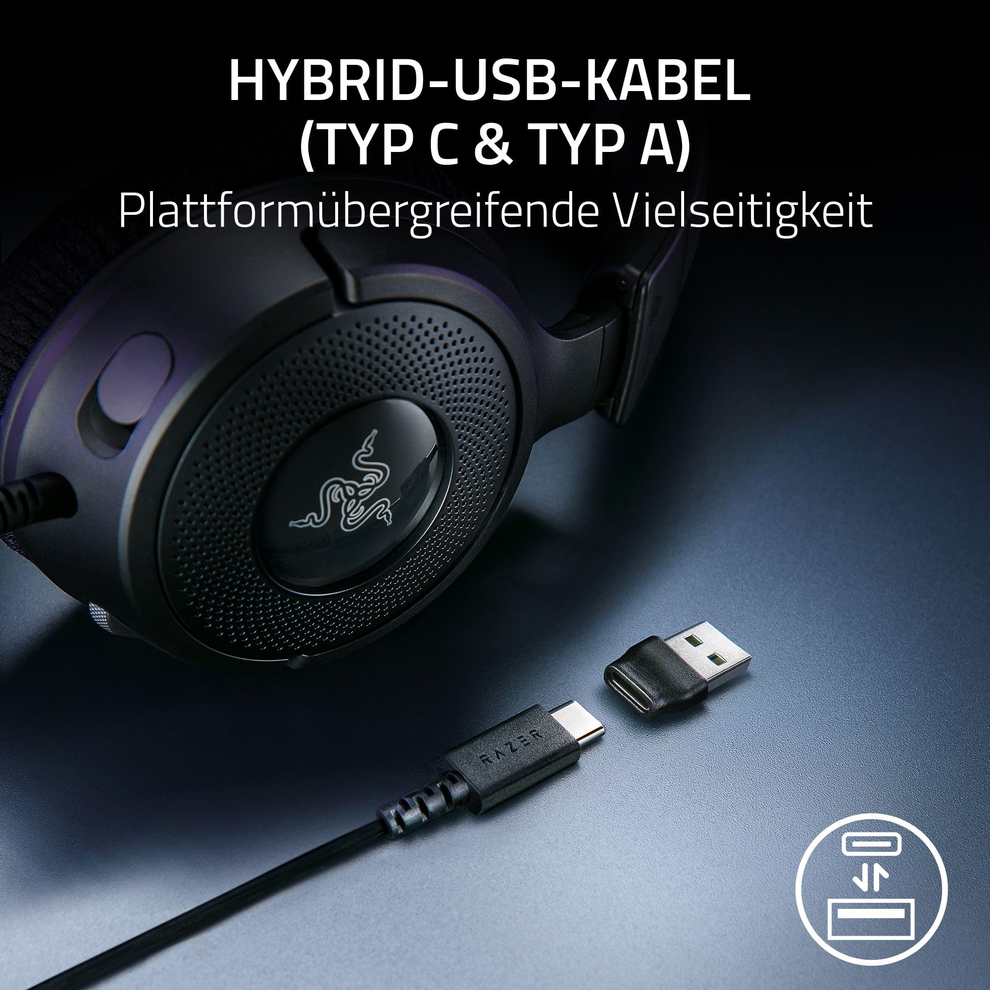 Razer Kraken V4 X - Kabelgebundenes PC-Gaming-Headset (Triforce 40-mm-Treiber, einziehbares Nierenmikrofon, 7.1-Surround-Sound, Chroma RGB, für PC - Konsolen & Mobiltelefone über USB-C) Schwarz